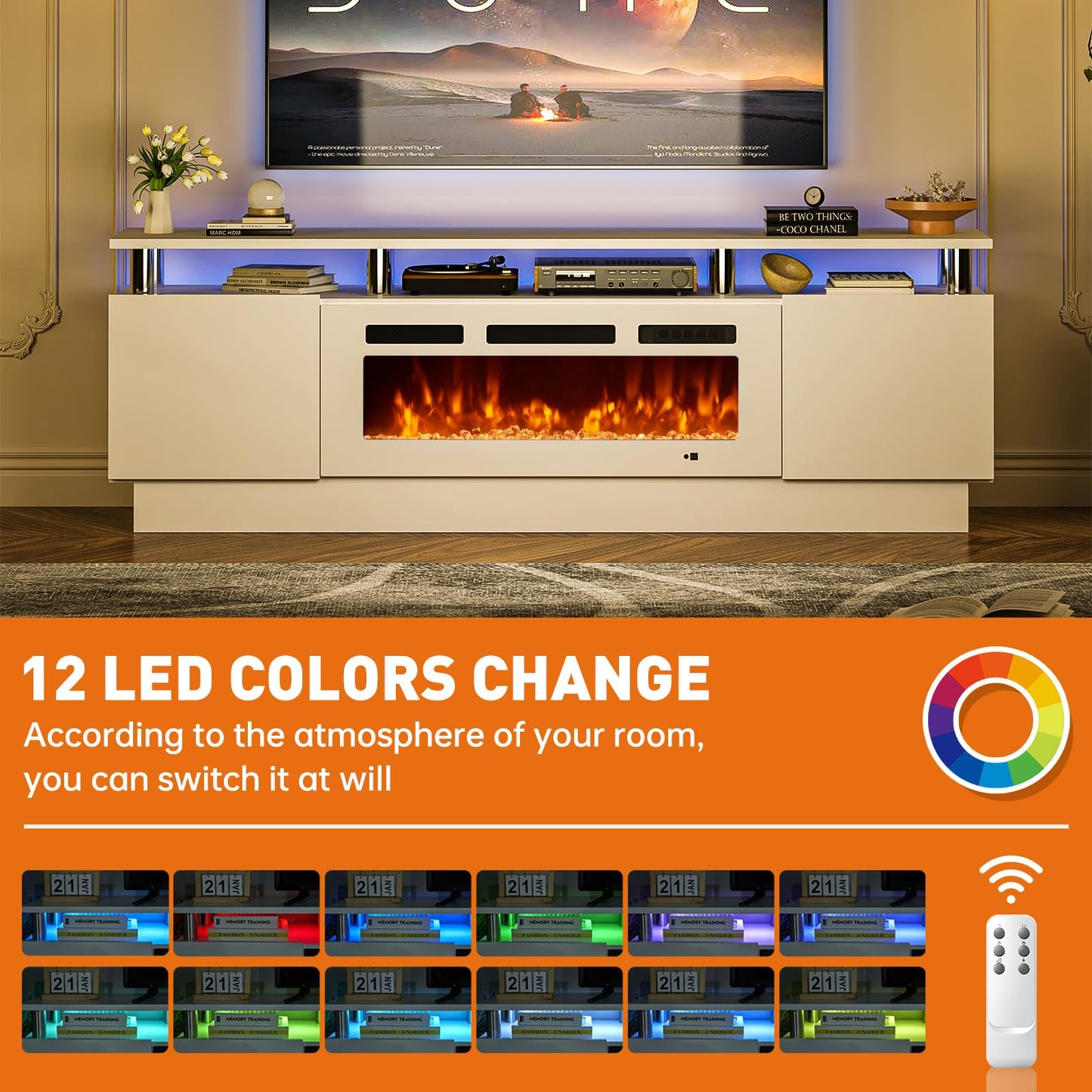 MXV 70" Fireplace TV Stand, Modern Entertainment Center & 36 Inch Electric Fireplace with Remote Control, LED Light, Fire Place Tv Stand for Living Room for TVs up to 80", White + White