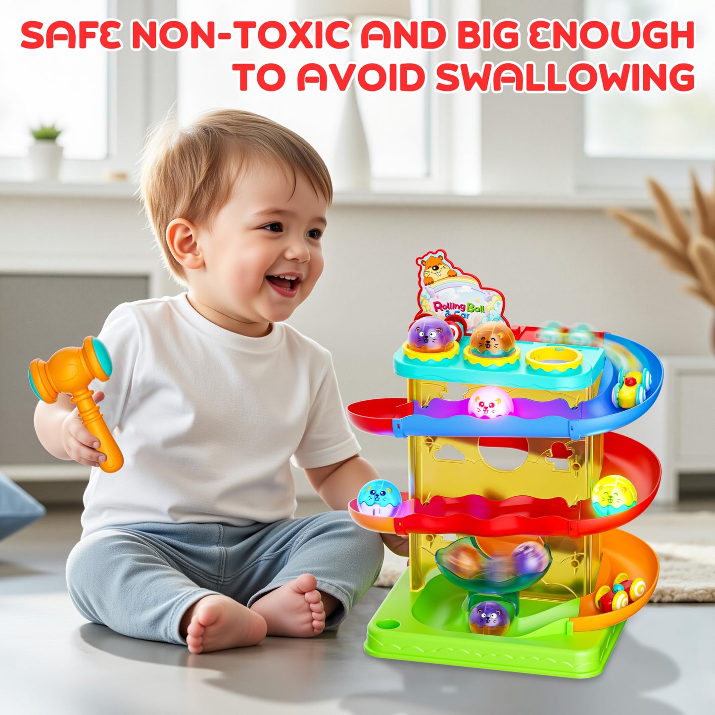 2-in-1 Rolling Ball & Car Ramp Race Track for Toddlers, Hammer Ball Drop Toy for Boys & Girls, Interactive Toys w/Sensor Lights - Montessori STEM Learning Toys - Brithday Gift for Kids 1-5+ Year Old