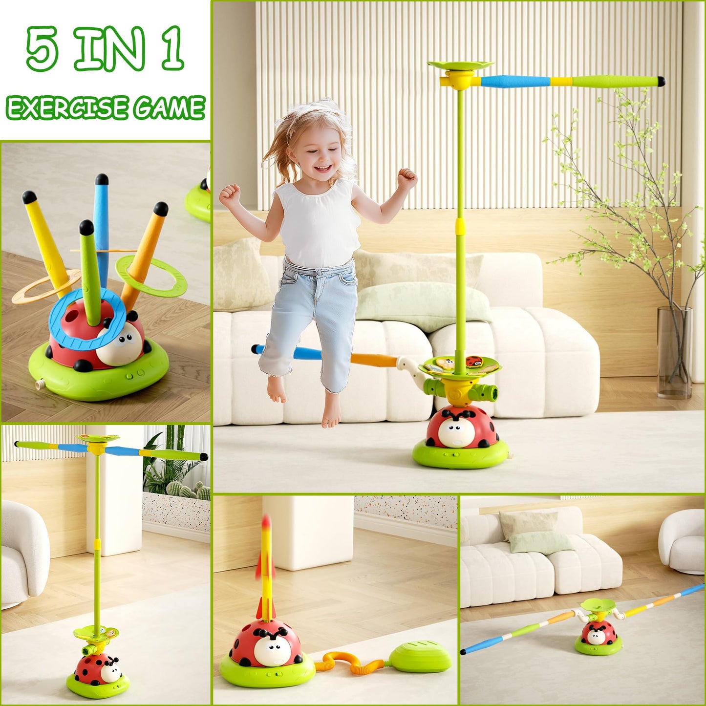 Pobaiyi 5 in 1 Musical Jump Toys, Toss Ring Game Stomping Launch Rocket Launcher for Kids, Obstacle Avoidance & Jump Squating Toy Games Remote Control Outdoor & Indoor Toys for Ages 4-8 8-13