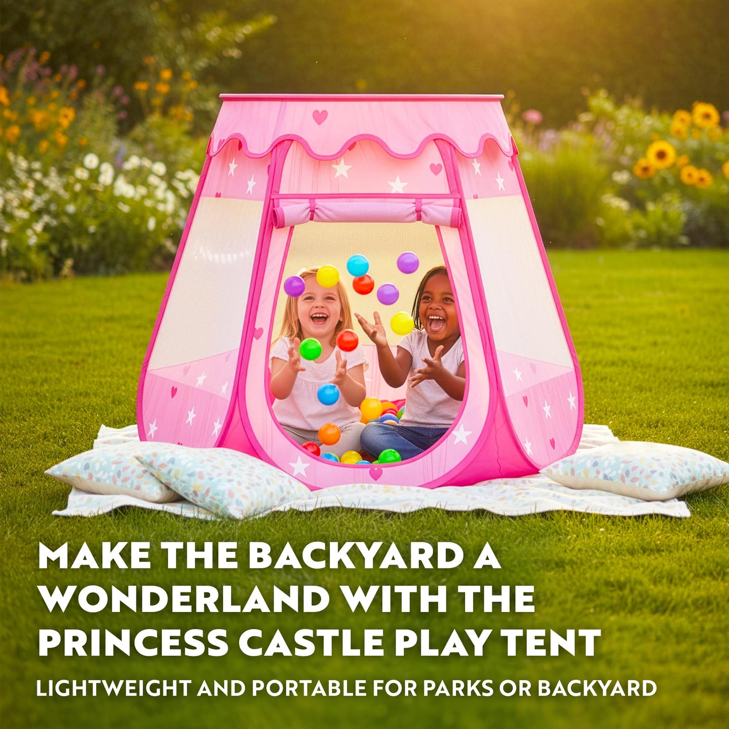 Playz Ball Pit Princess Castle Play Tent for Girls w/ 50 Balls Included - Pop Up Children Play Tent for Indoor & Outdoor Use - Playland Playhouse Tent w/ & Glow in The Dark Stars & Zipper Storage Case