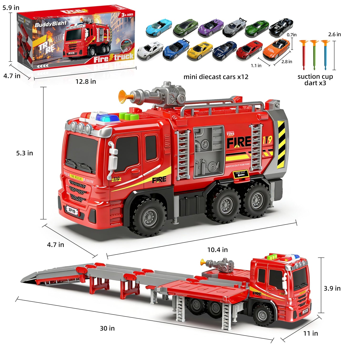 3in1 Fire Truck Toy with Foldable Race Track & 12 Diecast Race Cars Toys, Fire Trucks for Toddlers 3-5 with Lights & Sounds, Carrier Truck Car Kids Toy Gift for Age 3 4 5 6+ Year Old Boys Girls