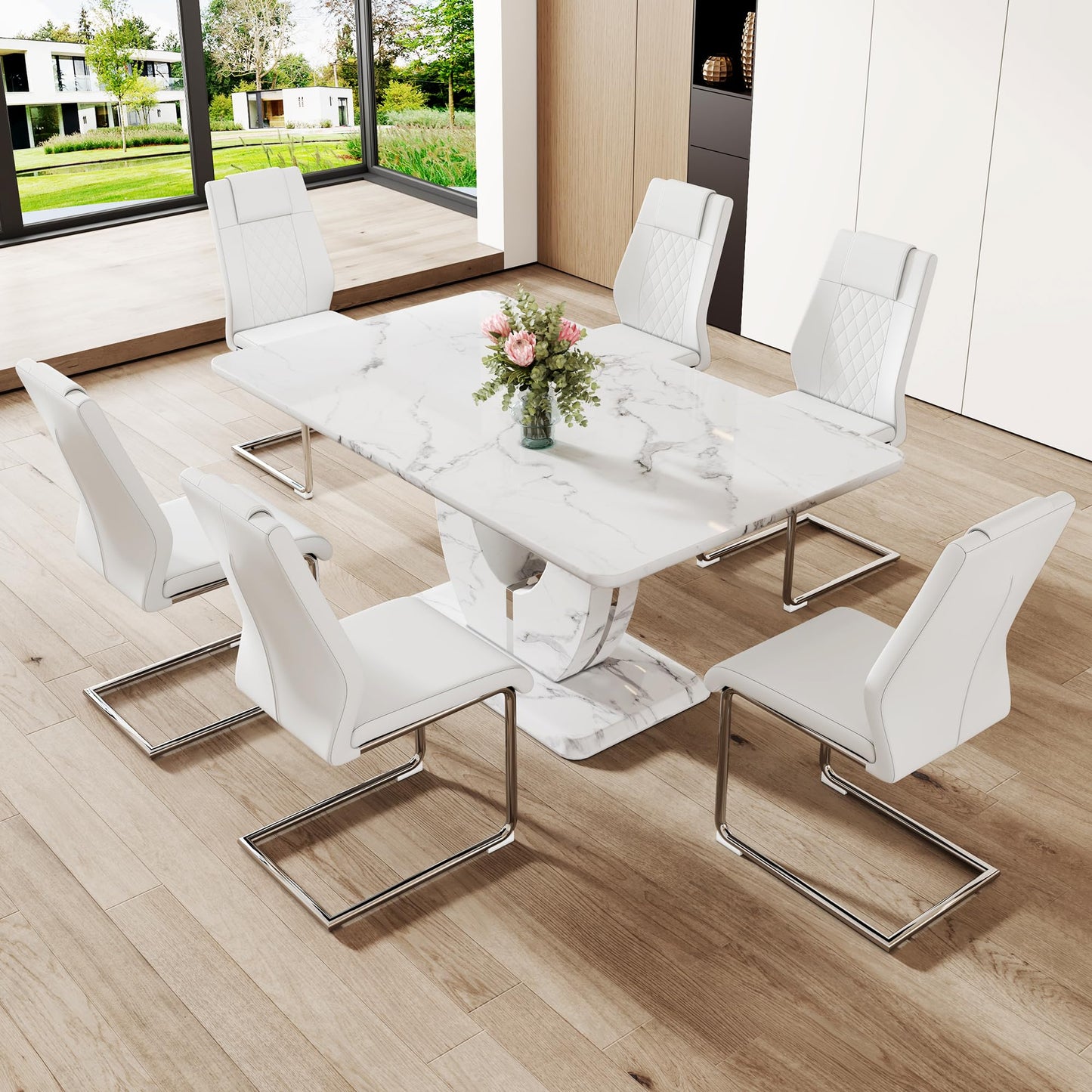 JUFU Modern Dining Table Set for 6,Rectangula Dining Room Table Set with 63 in Faux Marble Tabletop＆6 Pu Leather Upholstered Chairs Ideal for Dining Room, Kitchen （ 63'Dining Table Set 6 +White）
