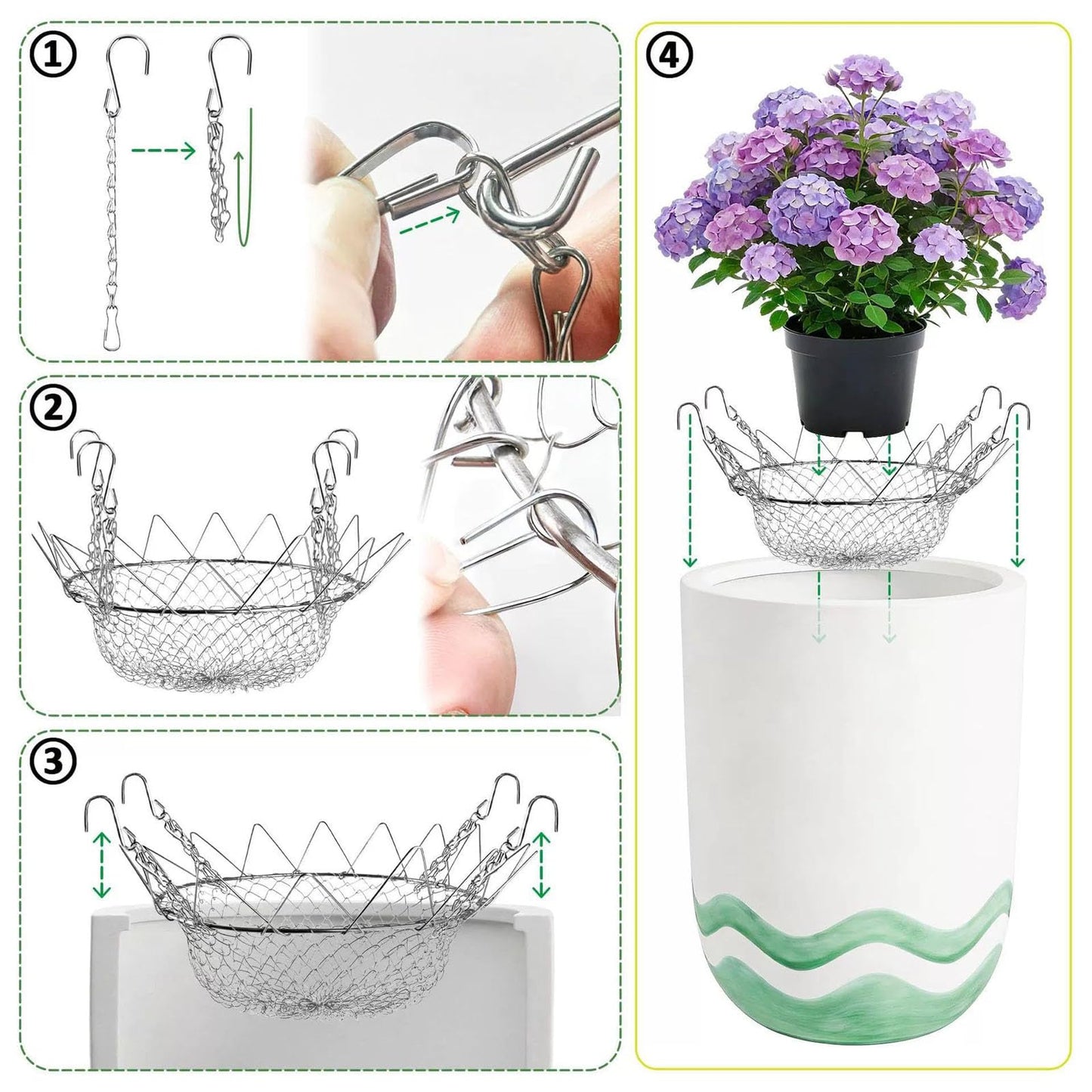 Adjustable Planter Insert, Chain Planter Filler for Elevate Plants, Flower Filler Support Chains Outdoor, Stainless Steel Plant Pot with Chains, Plant Lift Risers for Inside Pots
