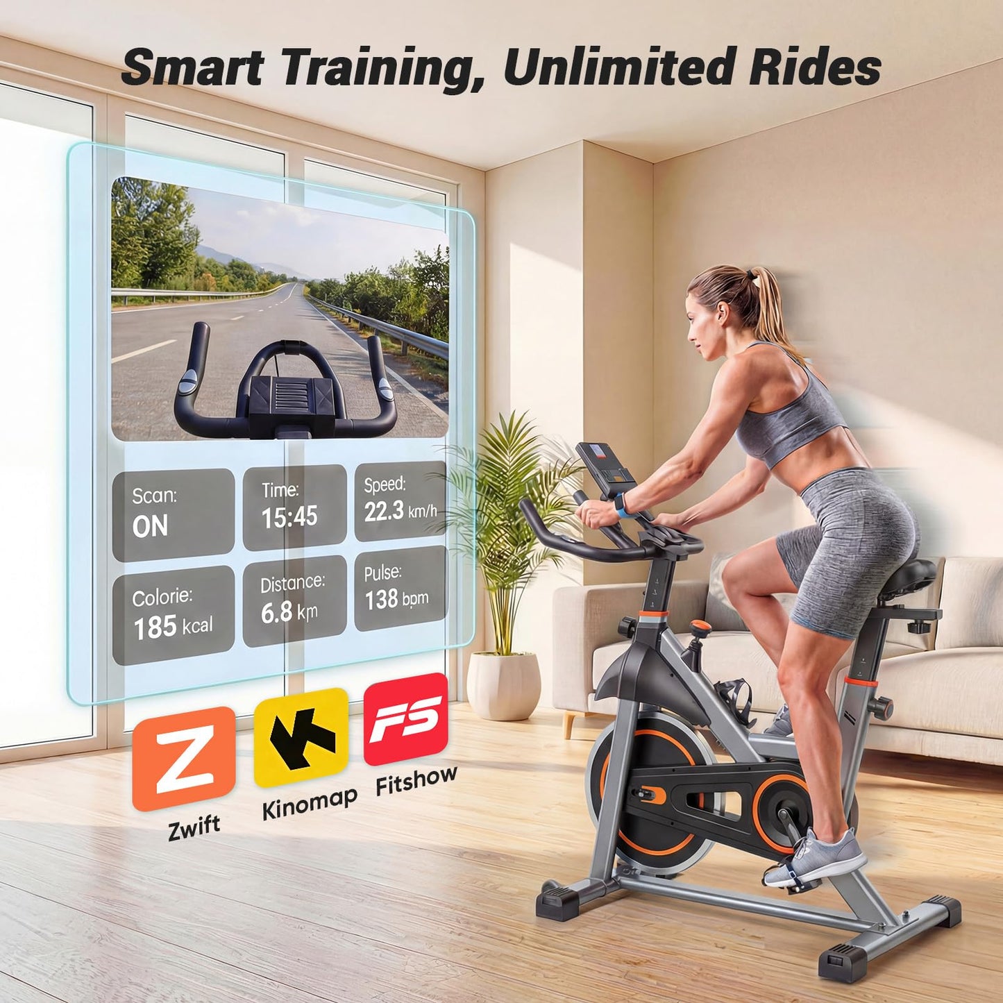 OLIXIS Exercise Bike with APP Control, Brake Pad Stationary Bikes with Quiet Magnetic Resistance, Indoor Cycling Spin Workout Bike with 300.0 lbs Weight Capacity for Living Room, Home, Gym, Orange