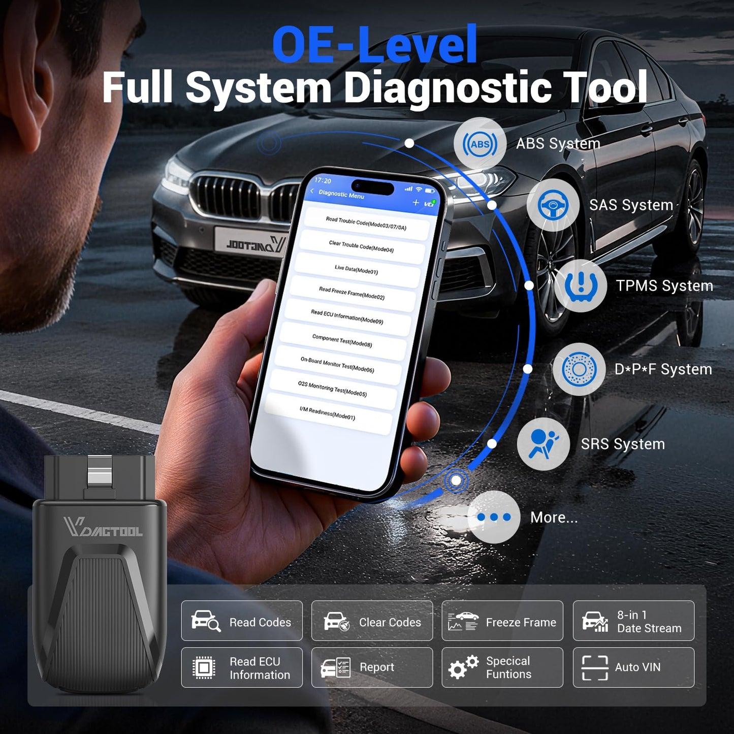 OBD2 Scanner Bluetooth Vdiagtool D100, Bidirectional Scan Tool Wireless - Full System Diagnostic With 17 Resets, Lifetime Updates Crank Sensor Throttle EPB Relearn Car Code Reader for iPhone & Android