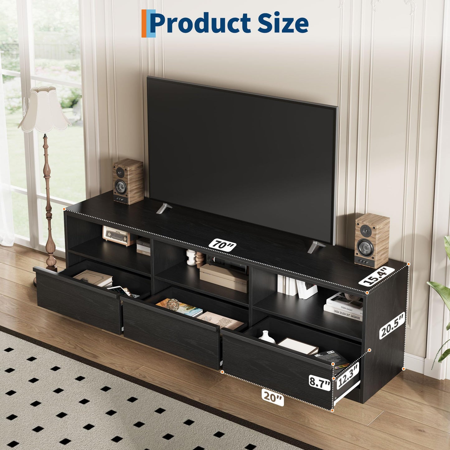 IDEALHOUSE 70 inch TV Stand for 80" TVs, Mid Century Modern Entertainment Center with Storage Drawer & Open Shelves, Wood Media Console Cabinet for Living Room/Bedroom, Black
