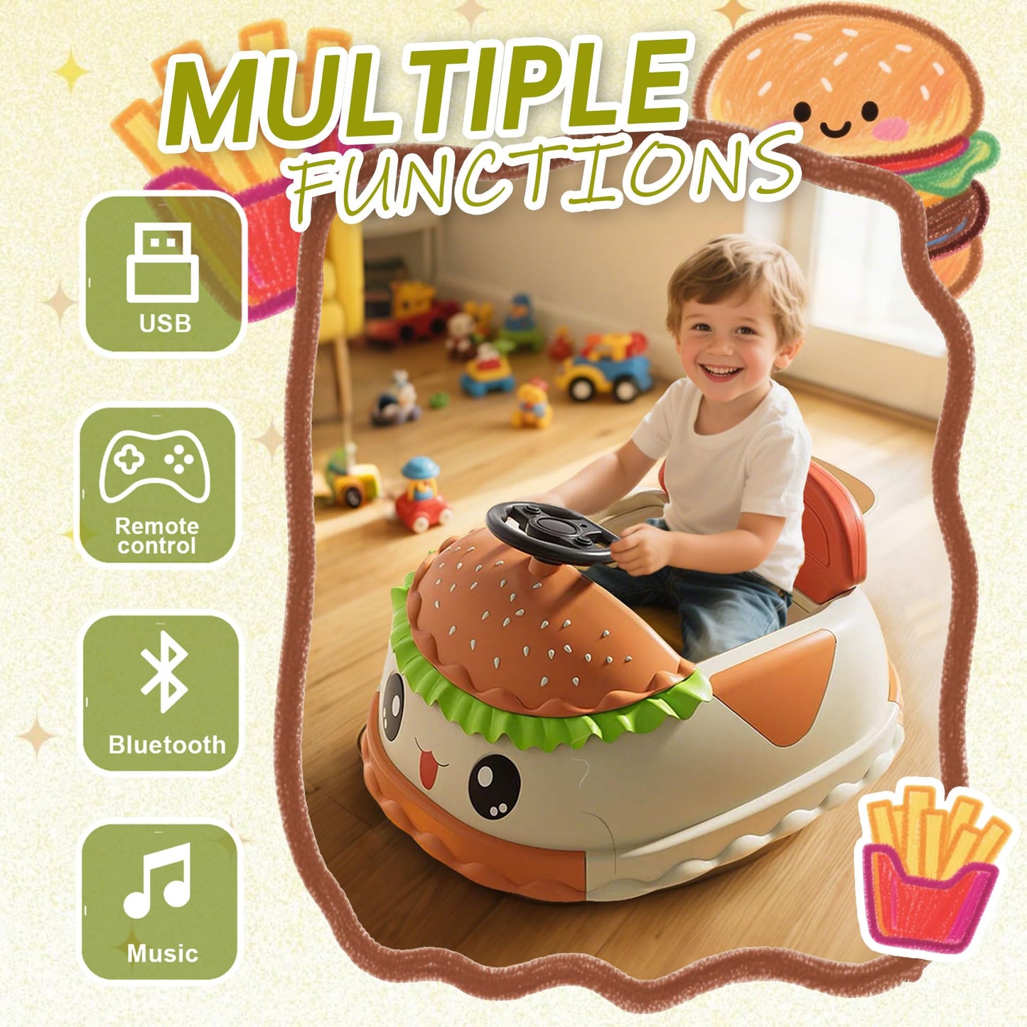 Okybaby 12V Bumper Car for Kids, Ride on Toys for Toddlers 1-3 Boys & Girls W/Parents Control, Baby First Birthday Gift Bumping Car with Rotation & Anti-roll Design, Bluetooth, Music, USB, LED Lights