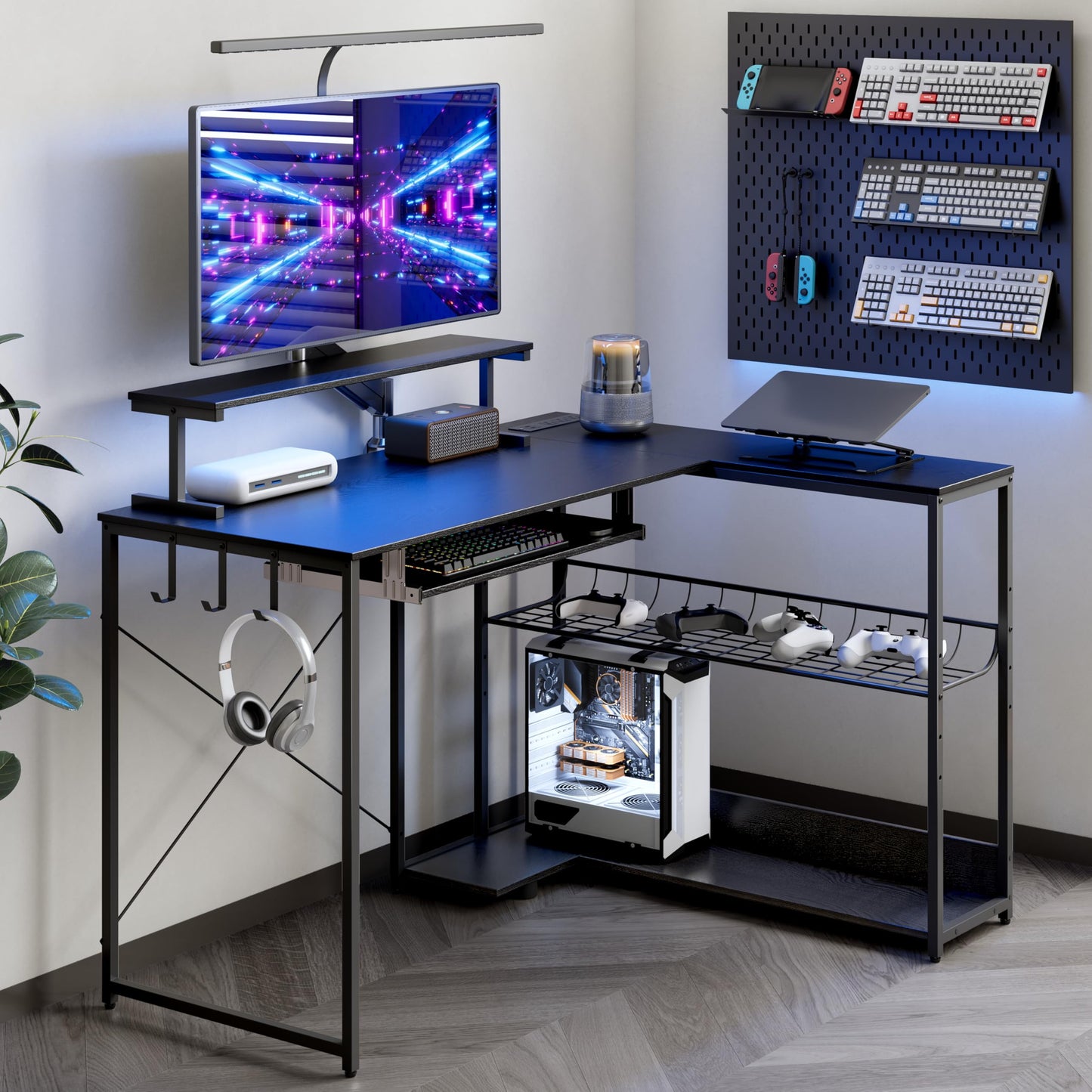 BORNOON Computer Desk, L Shaped Gaming Desk with Monitor Stand & Storage Shelf & LED Light & USB Power Outlet, Reversible Shelves Corner Table with Keyboard Tray for Gaming, Home Office, Study