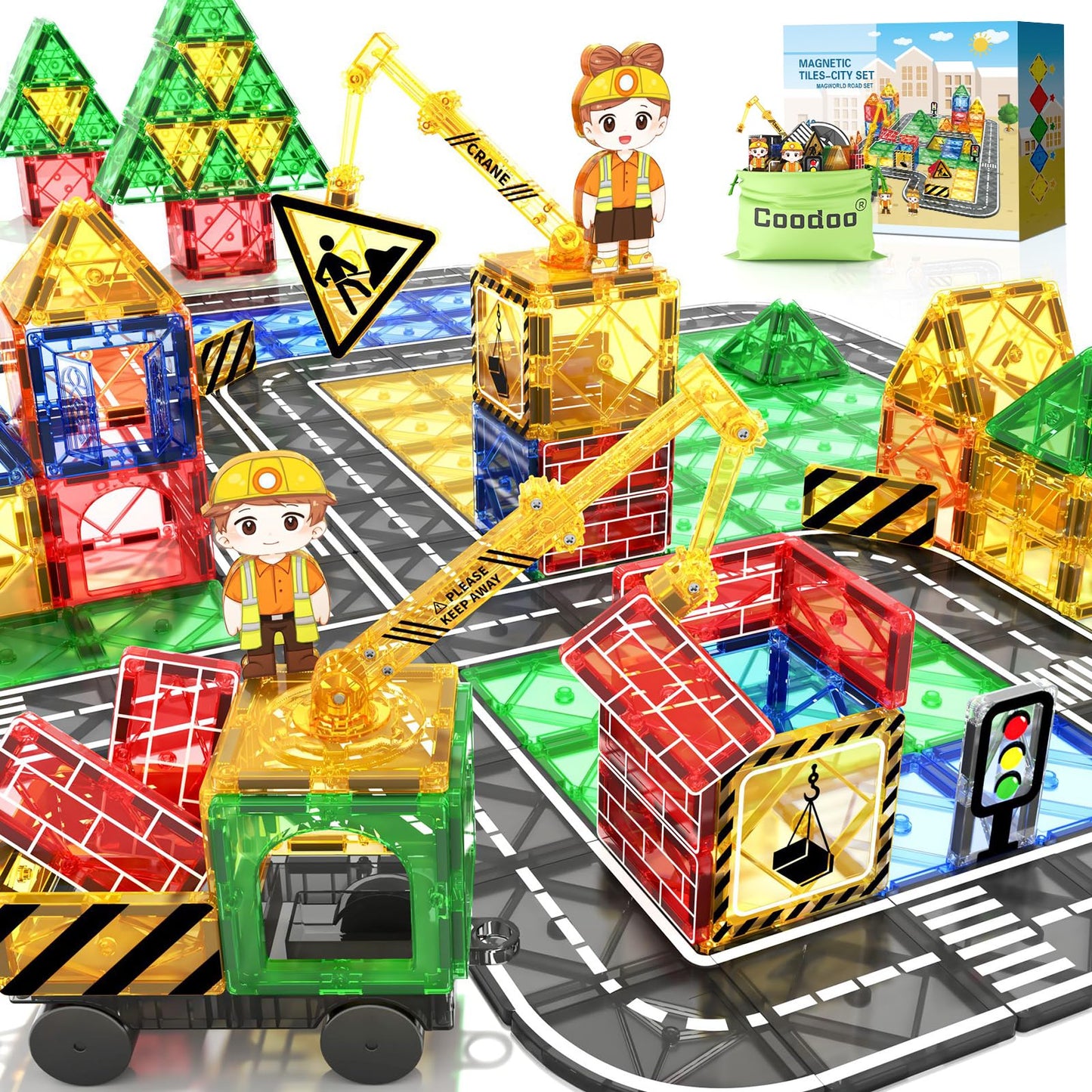 Coodoo Kids Games Magnetic Tiles Road Set with Extendable Magnetic Crane, City Construction Building Toys for Toddlers STEM Preschool Ages 4-6 5-7, Gifts for 3+ Year Old Boys Girls Kids Toys with Car