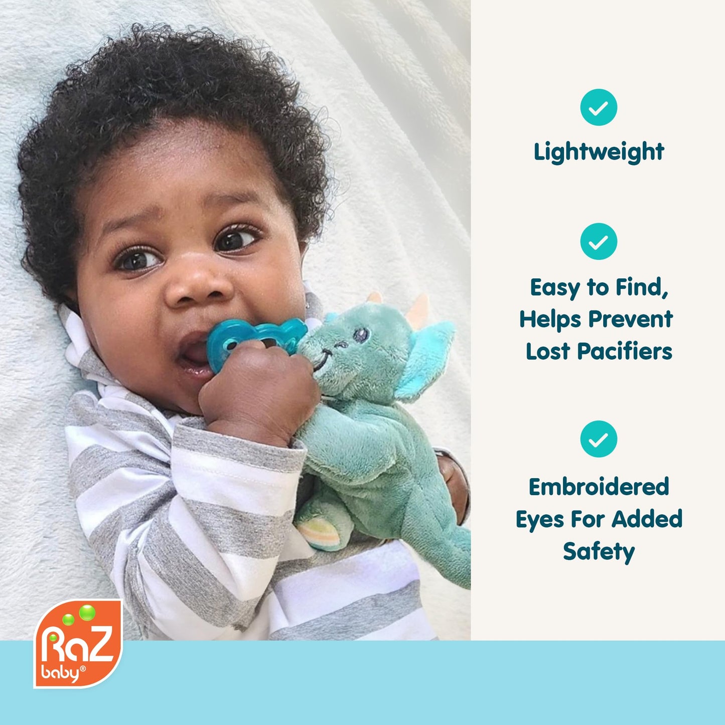 RaZbaby JollyPop Pacifier, Holder w/Detachable Baby Pacifier, Stuffed Animal RaZbuddy, All Ages 0M+, 100% Medical Grade USA Made Silicone, Machine Washable, Textured & Easy to Hold – Puppy