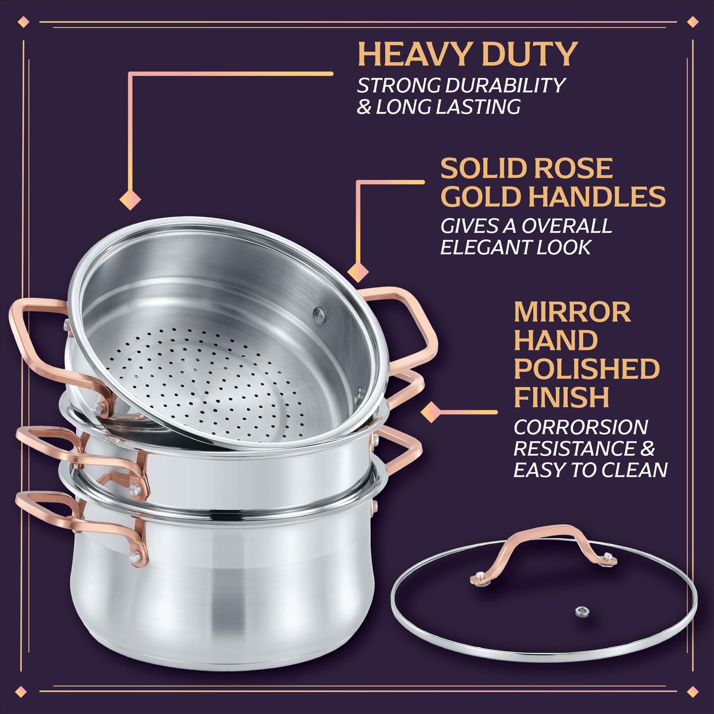 CONCORD Premium Stainless Steel 3 Tier Steamer w/Rose Gold Handles 30 cm