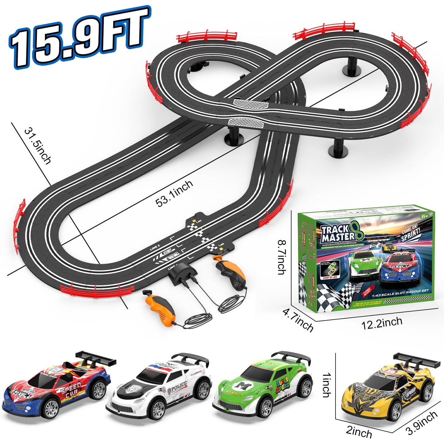 3-in-1 Slot Car Race Track Sets with 4 High-Speed Cars, Electric Track, Dual Racing Game with Lap Counter & 2 Controllers, and Circular Overpass Design – Toy Gift for Boys Kids Ages 4-6 6-8 8-12