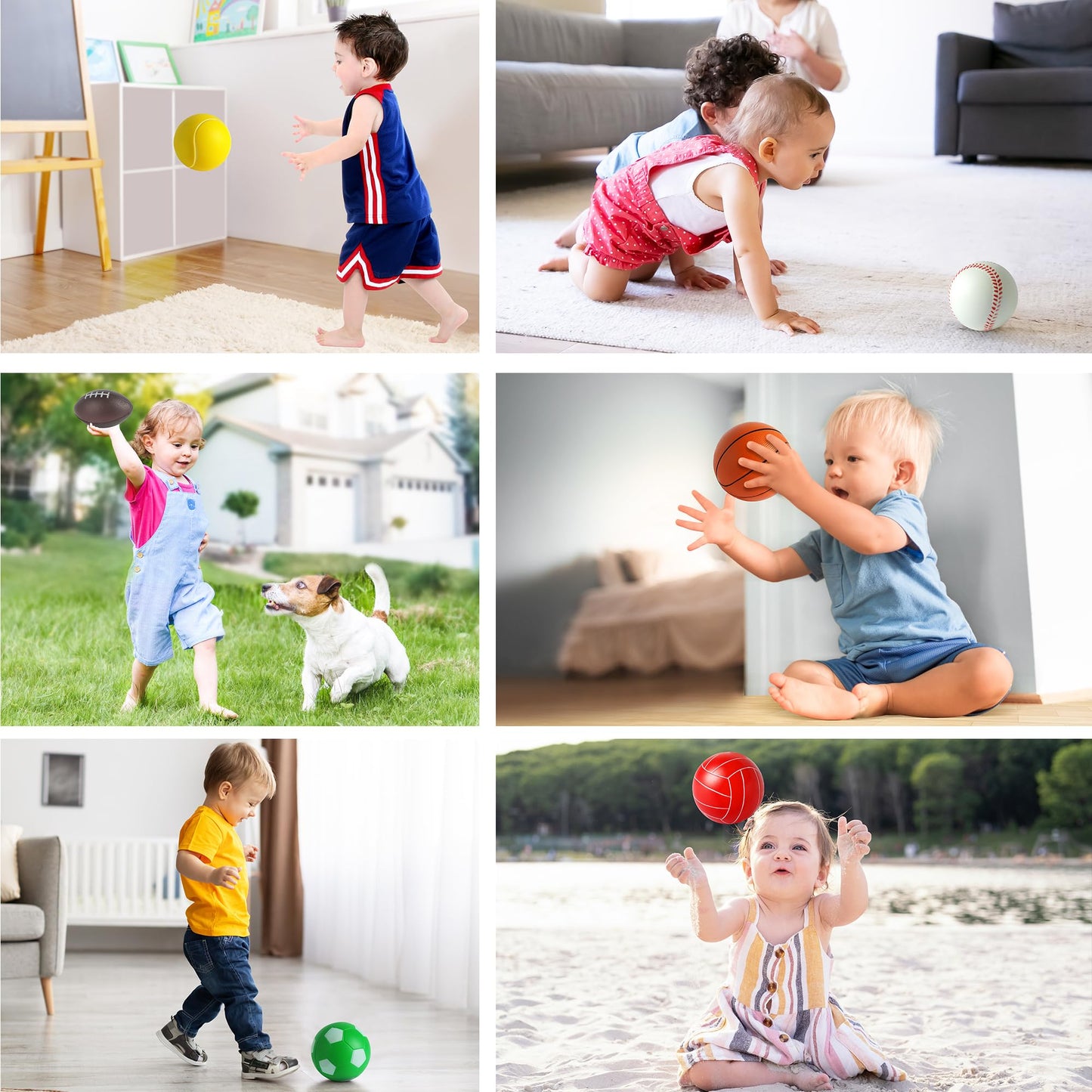 Billeeit Mini Sports Balls Set for Toddler 1-3, Sports Bag for Kids, Include 1 Each of 3.5" Foam Soccer, Tennis Ball, Basketball, Football, Baseball, Volleyball, Fun Baby Ball Toys, Set of 6