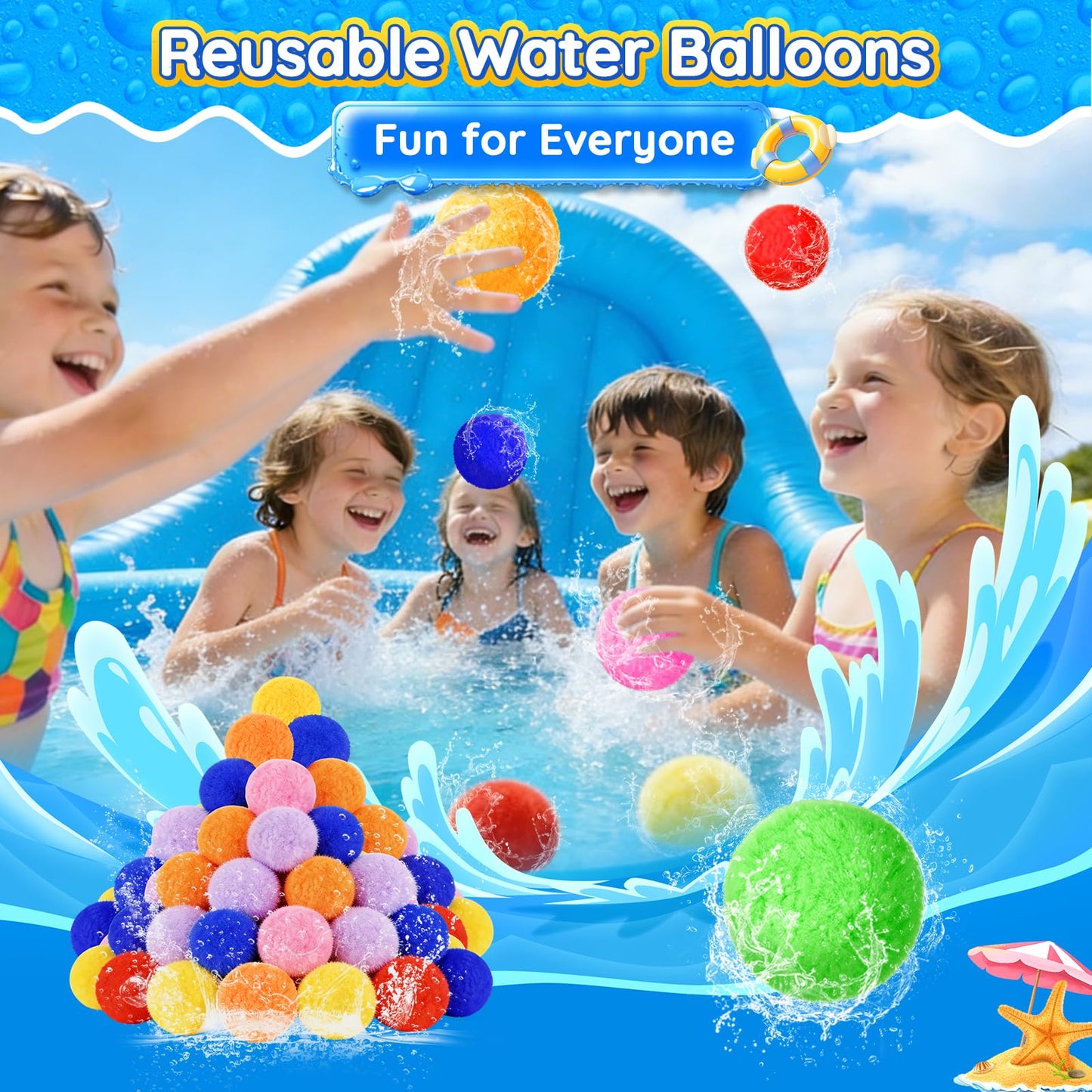 60 Pack Reusable Water Balls, Reusable Water Balloons for Outdoor Toys Games, Quick-Fill Summer Water Toys Ball for Kids Adults Boys Girls Pool Parties Beach Backyard