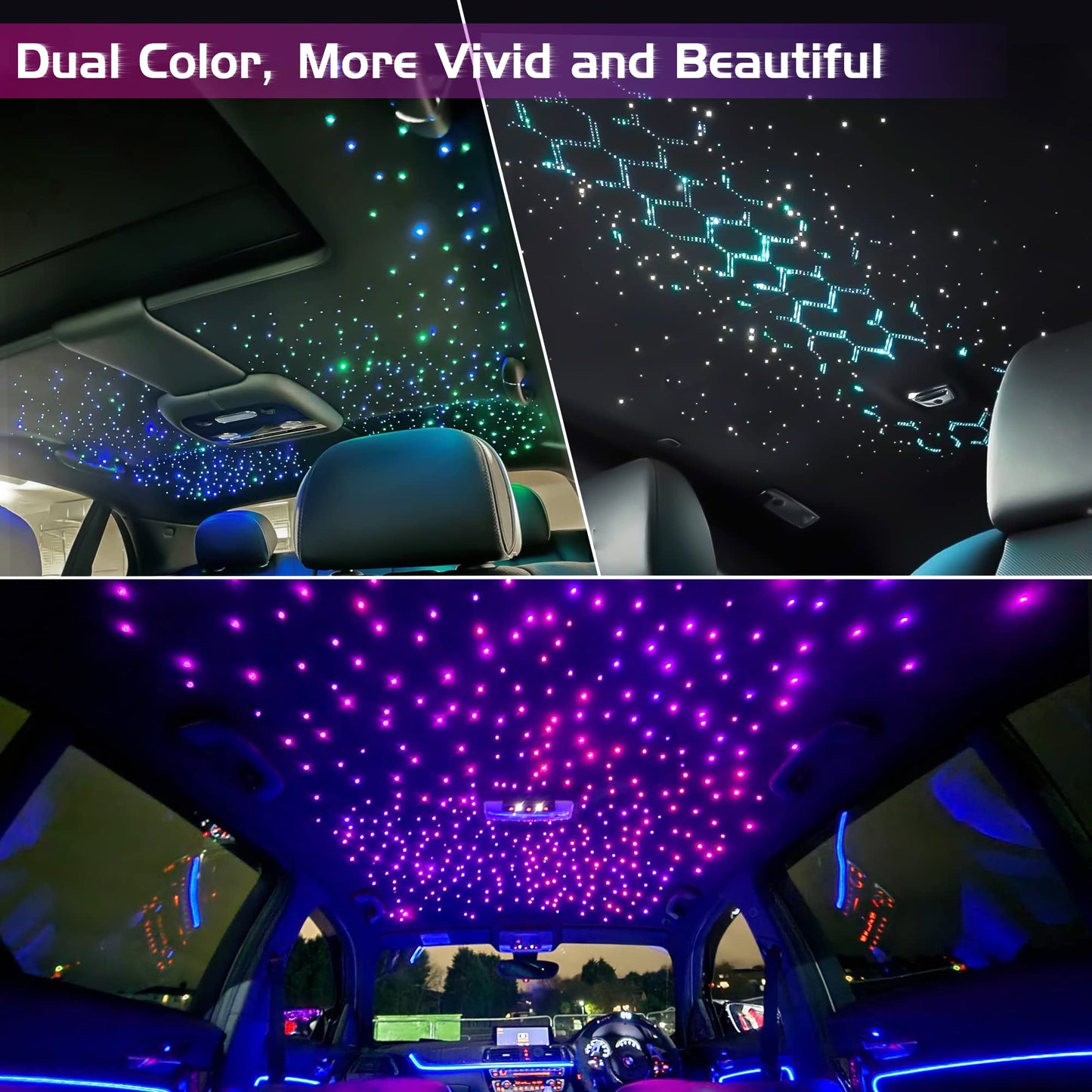 ATOKEE 32W Dual Color Starlight Headliner Kit, Sound Activated Fiber Optic Star Roof Lights with APP/Remote Control, 600pcs 0.03in 9.8ft