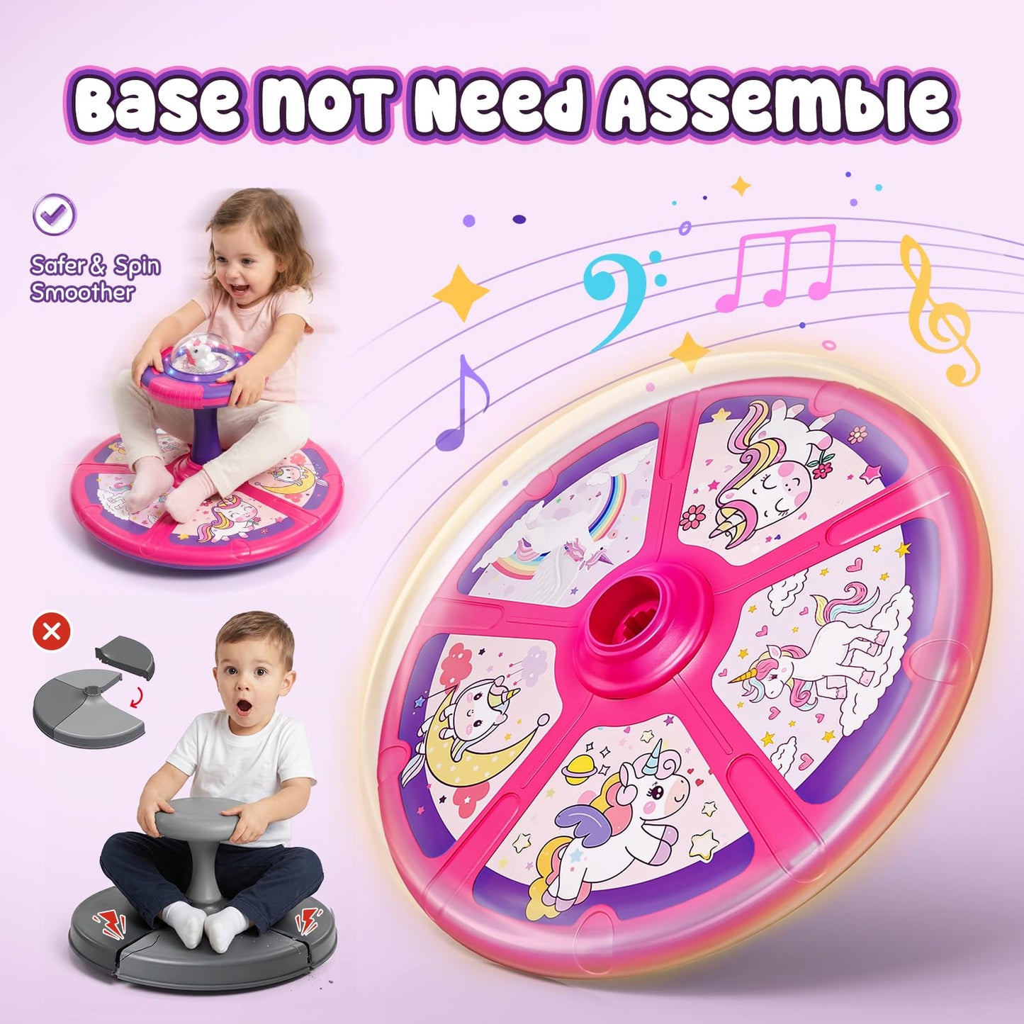 Flooyes Unicorn Sit and Spin Toys for Toddlers Girls 2 Years Old, Christmas Birthday Gifts for 1 2 3 4, with LED and Music, 360° Spin