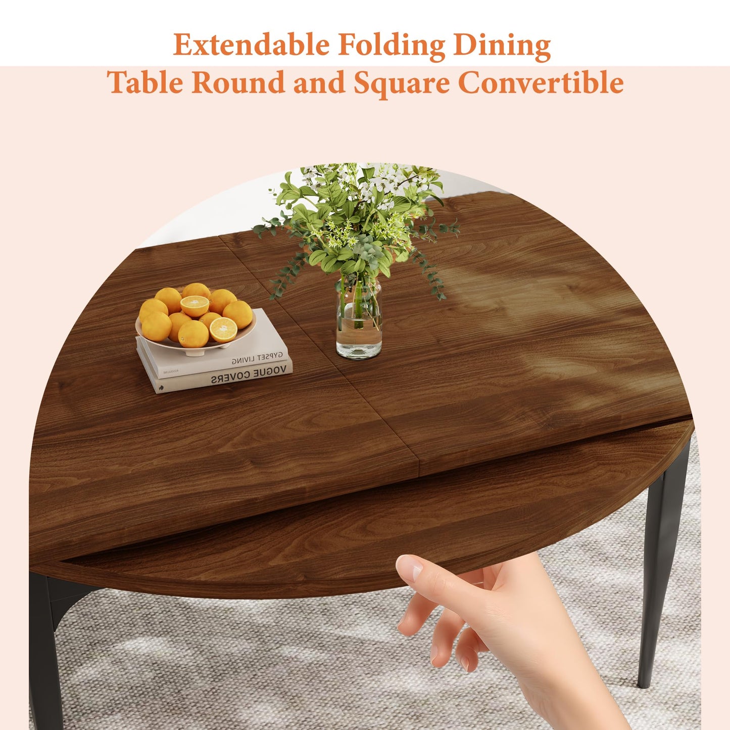 HIPIHOM Expandable Folding Dining Table Set, 55-Inch Round to Square Table with 6 Upholstered Chairs, Metal Frame, for Dining Room or Apartment (Round Table + 6 Black Modern Dining Chairs)