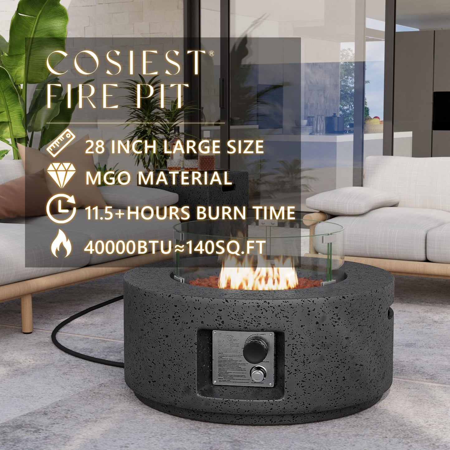 COSIEST Outdoor Propane Fire Pit Coffee Table, 28-inch Magnesium Oxide Round Base Patio Heater, 40,000 BTU Stainless Steel Burner, Free Lava Rocks, Waterproof Cover, Wind Guard, Tank Cover, Gray
