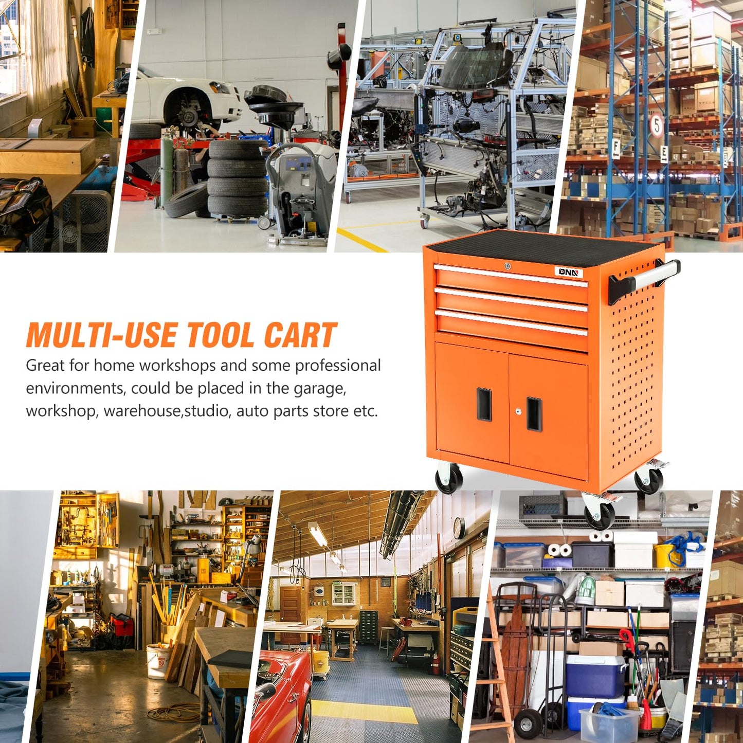 DNA Motoring 3-Drawer Rolling Tools Chest, Rolling Tool Storage Cabinet, Heavy Duty Mechanic Tool Cart, Trolley Organizer for Garage, Warehouse, Workshop, Orange, TOOLS-00405