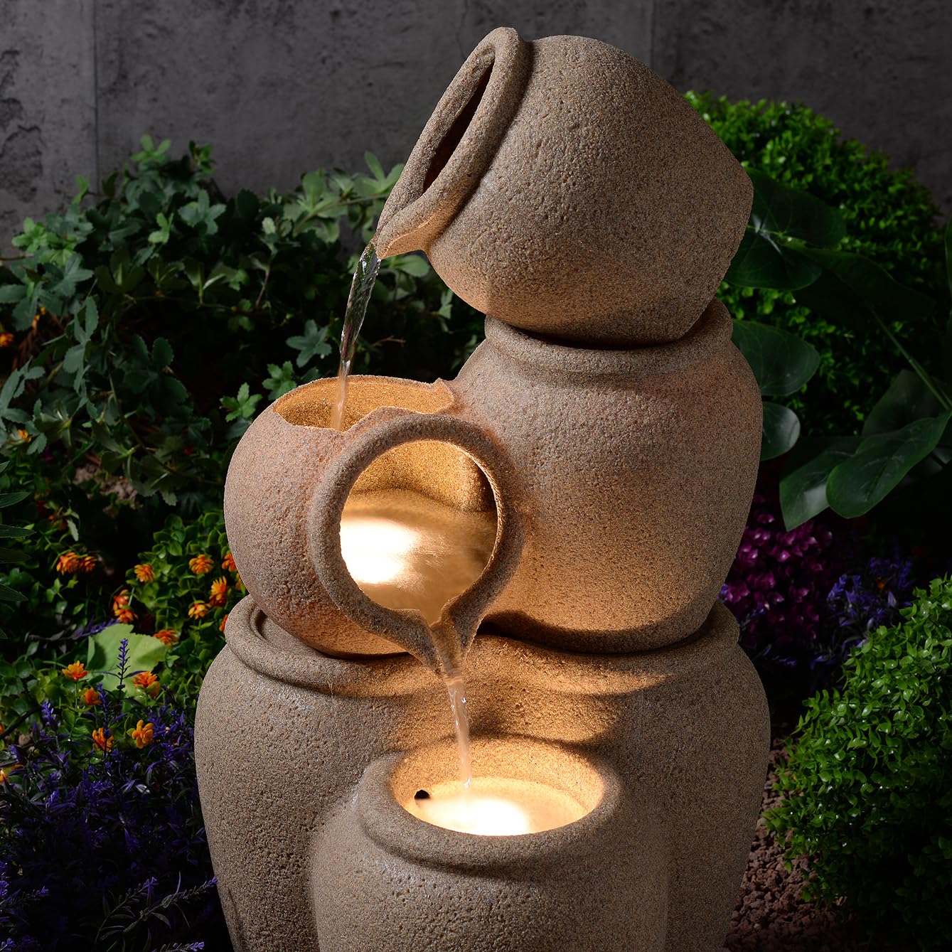 Puulye 29.53" H Outdoor Water Fountain Made with Eco-Friendly Recyclable Materials, Polyethylene Cascading Waterfall Outdoor Fountain, Garden Decor with LED Light & Pump for Patio, Backyard