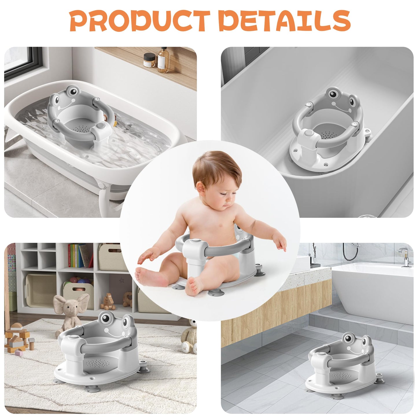 Baby Bath Seat for Babies 6 Months & Up - Toddler Bath Seats for Baby Sitting Up with 4 Suction Cups & Soft Cushion, Non-Slip Infants Shower Bathtub Chair for Newborn Boys Girls, Gray