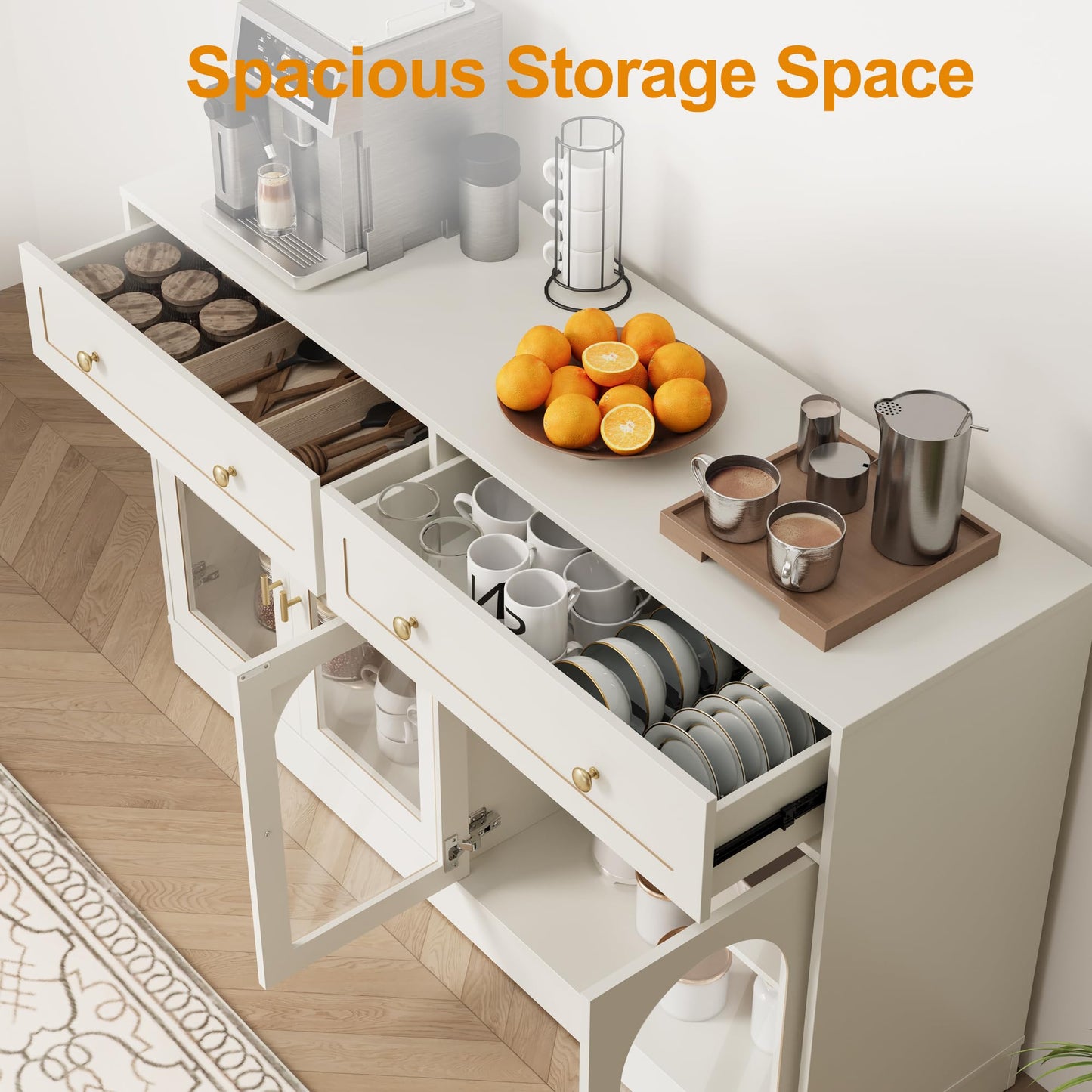 FansaFurn White Sideboard with Adjustable Shelves & 4 Doors, Kitchen Sideboards, Wood Coffee Bar Table for Living Room, Dining Room