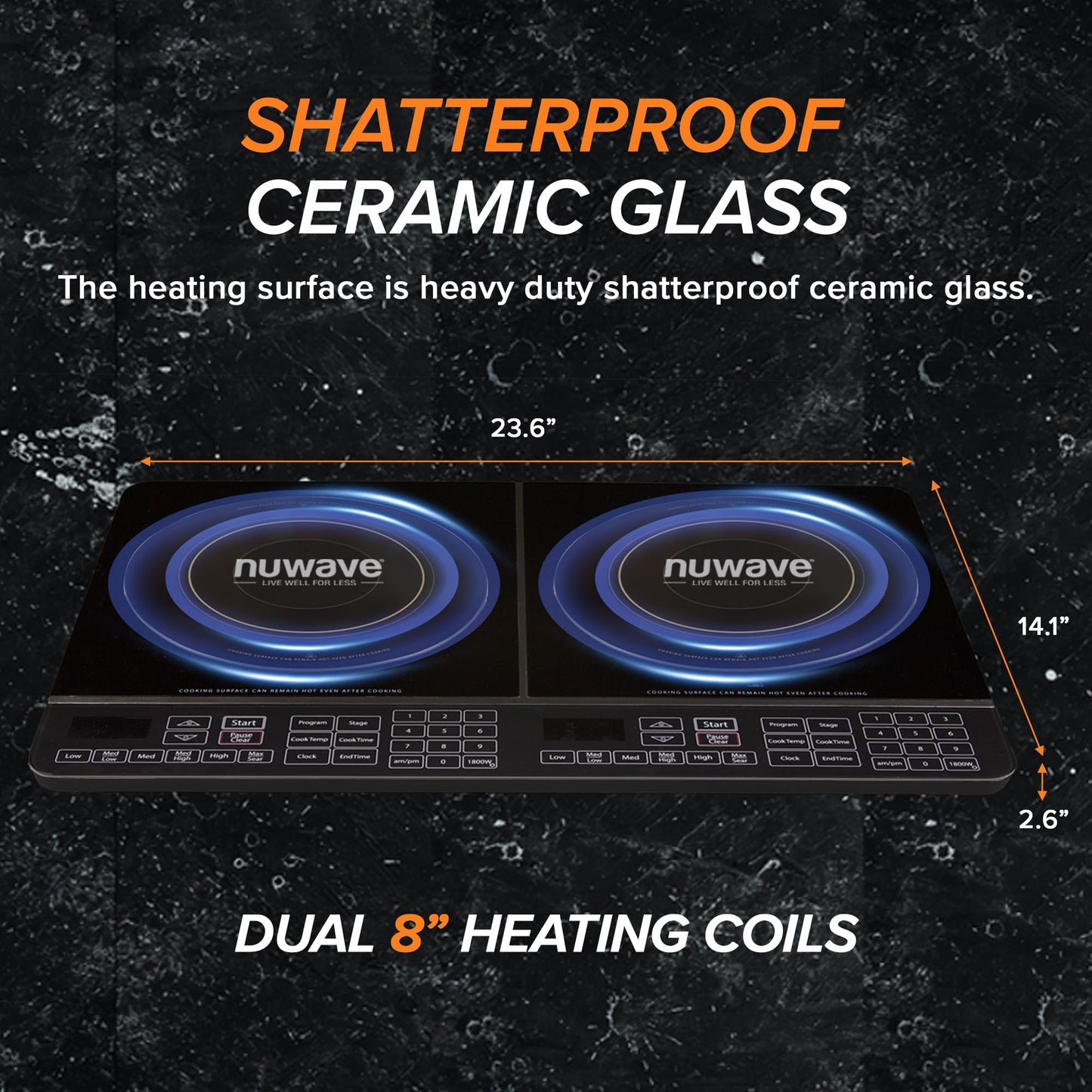 Nuwave Double Cooktop Induction Countertop Burner, Portable, 900 & 1800W, 100°F to 575°F, Large 8” Heating Coil, 50 Pre-Programmed Settings, Shatter-Proof Ceramic Glass, Built-In Safety Auto Shut Off