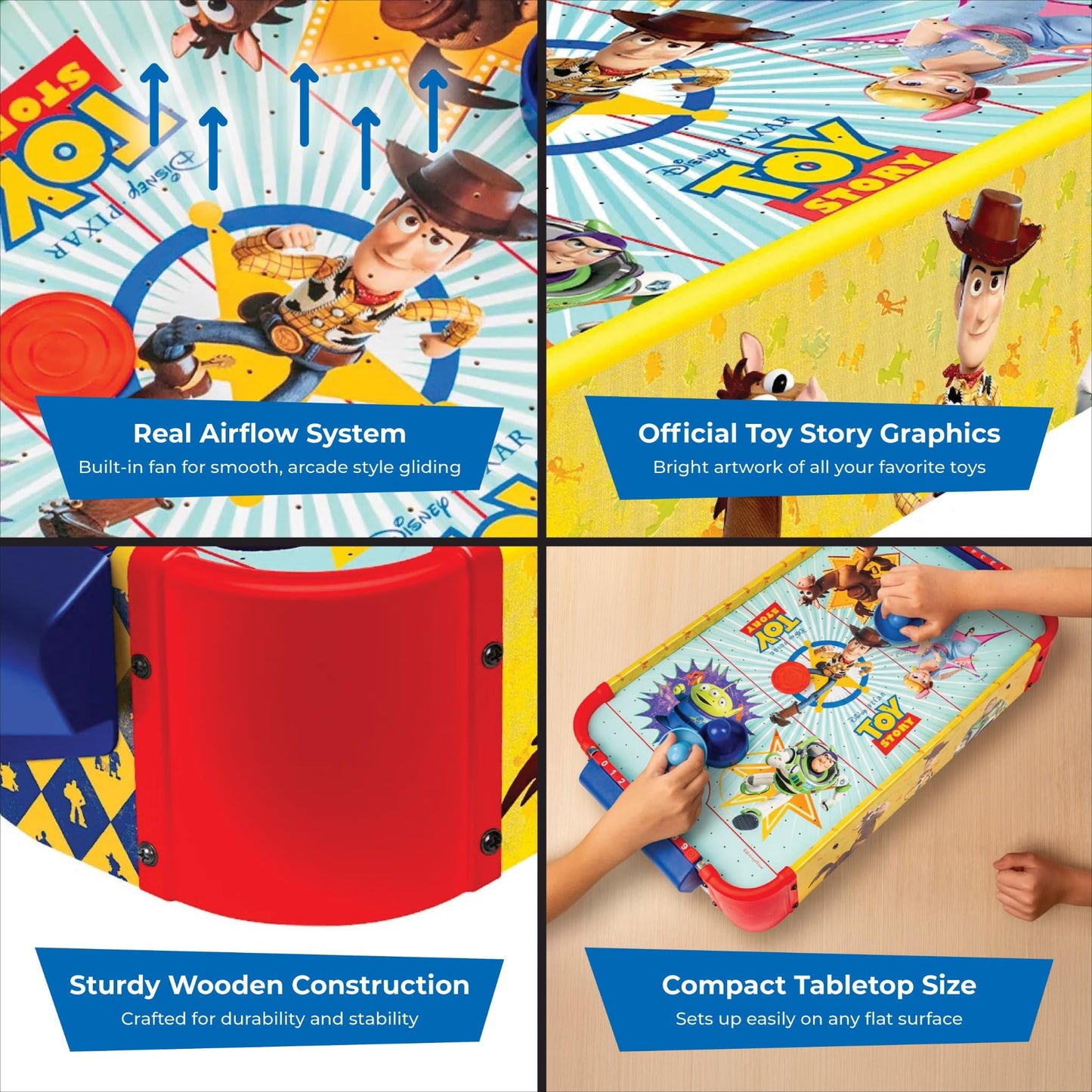 World Tech Toys Toy Story Air Hockey Table for Kids - Buzz & Woody Tabletop Game with Puck, Pushers & Air Flow System - Disney Pixar Licensed - Kids 4+