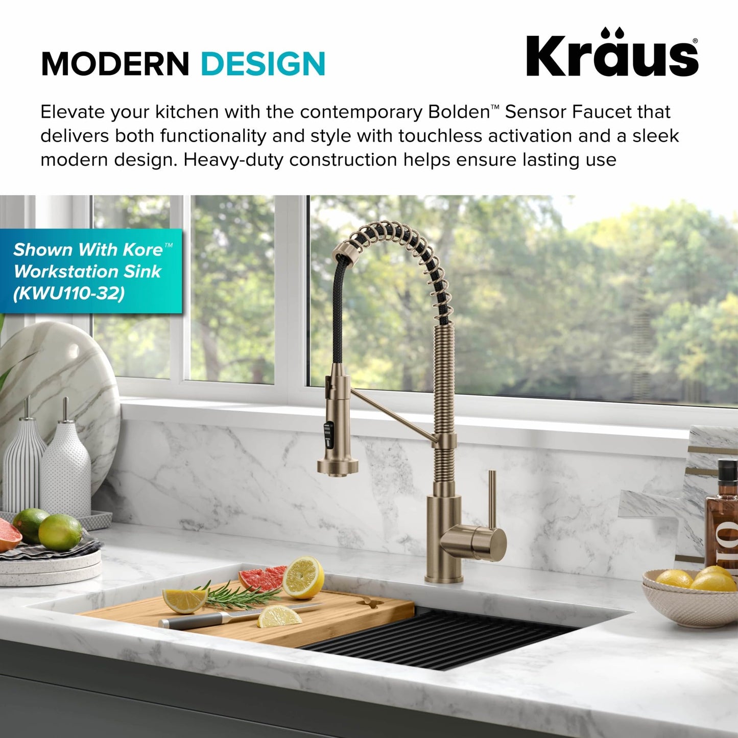 KRAUS Bolden Touchless Sensor Commercial Style 2-Function Single Handle Pull Down Kitchen Faucet in Spot-Free Antique Champagne Bronze, KSF-1610SFACB