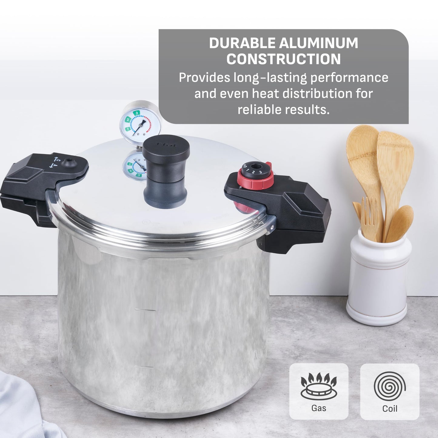 T-fal 22-Quart Aluminum Pressure Canner, 3 PSI Settings, Home Canning, Includes Racks & Canning Guide, Large Capacity, Pressure & Water Bath Canning for Vegetables, Meats, Seafood & Fruits, Silver