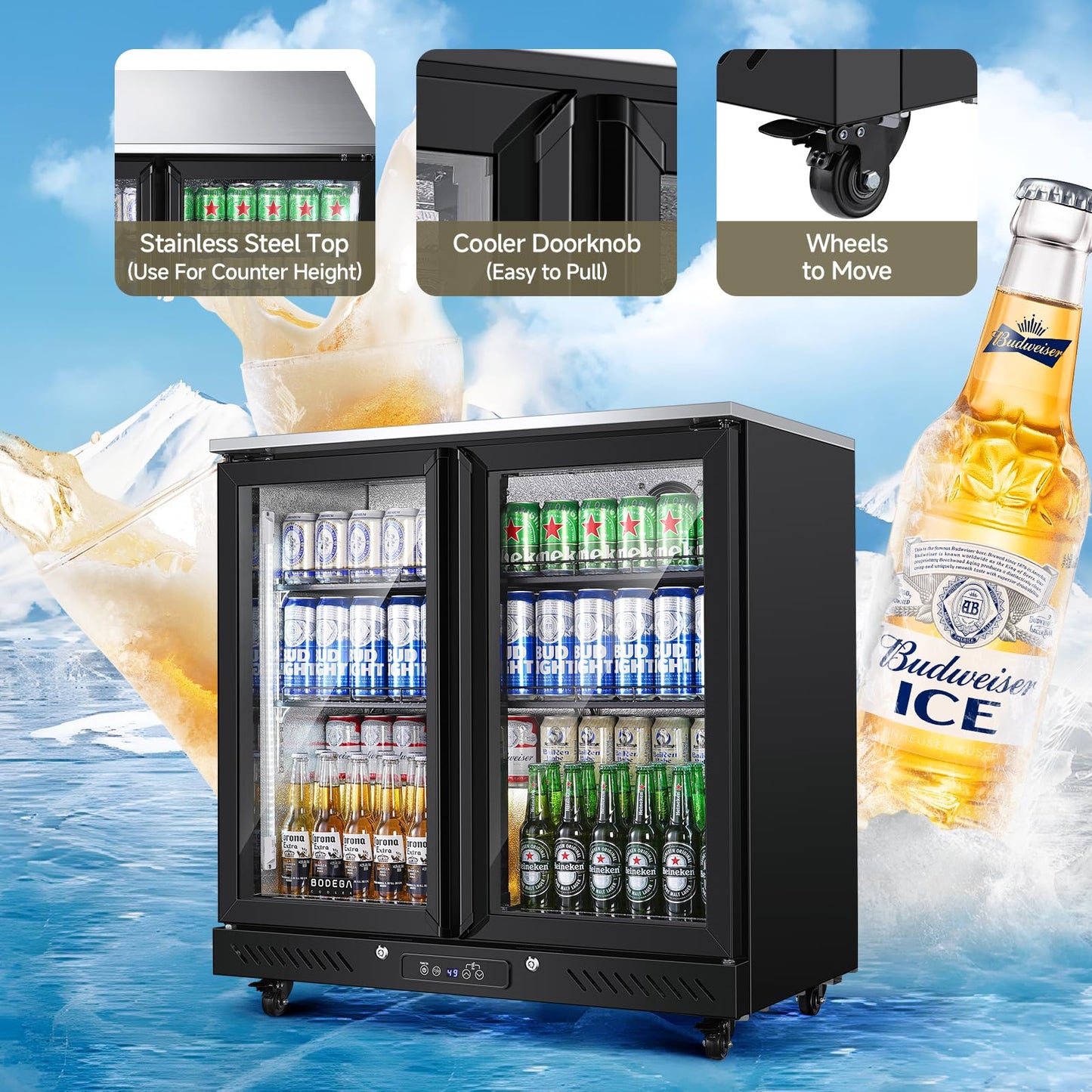 BODEGACOOLER Back Bar Cooler with 2 Glass Doors,7.7 Cu.ft Commercial Back Bar Beverage Refrigerator Counter Height,LED Lighting for Soda Drinks,Beer,Wine Stainless Steel Top,DOE Approved,4 Casters
