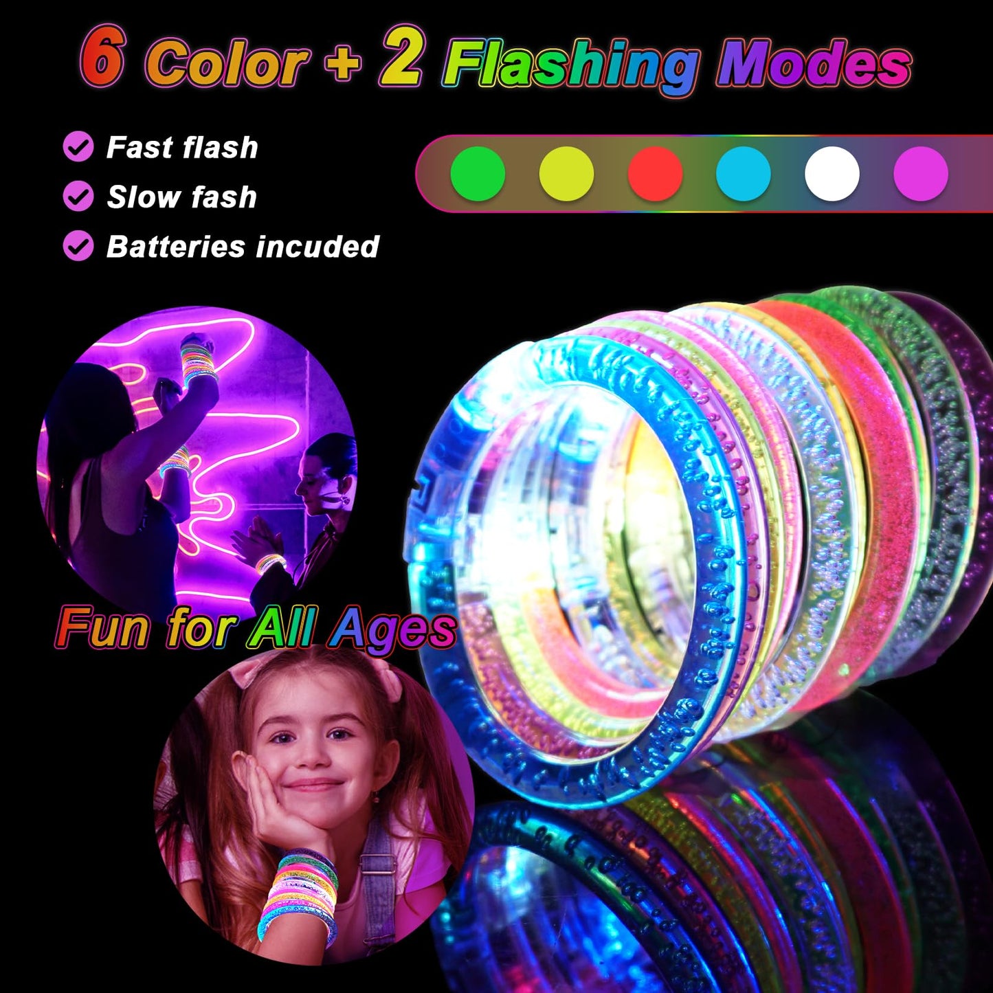 OLUPP 90 Pack Glow Bracelets, Glow in the Dark Party Supplies, 6 Color LED Light Up Bracelets for Adults & Kids Birthday Party Favors, Concert, New Year, Carnival, Raves