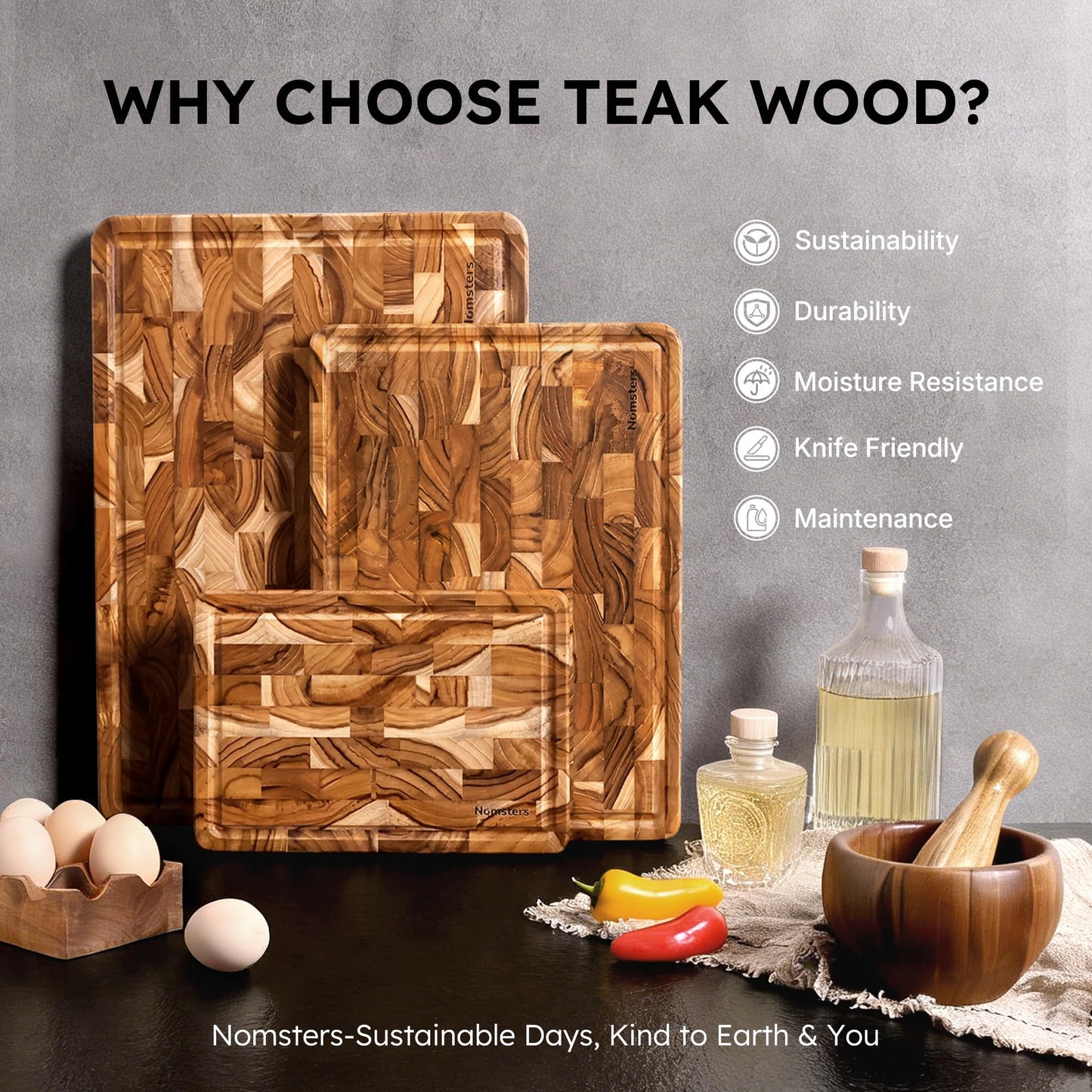Teak Wood End Grain Cutting Board Set of 3 with Non-slip Feet, Reversible Cutting Boards for Kitchen with Juice Grooves and Handles Non Toxic Chopping Board Butcher Block Serving Tray Kitchen Sets