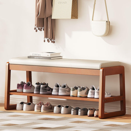 PETKABOO Shoe Bench Storage Rubberwood with Leather Cushion 39.4", Waterproof Easy to Clean 550LBS Organizer Shoe Rack for Entryway, Hallway, Mudroom, Front Door