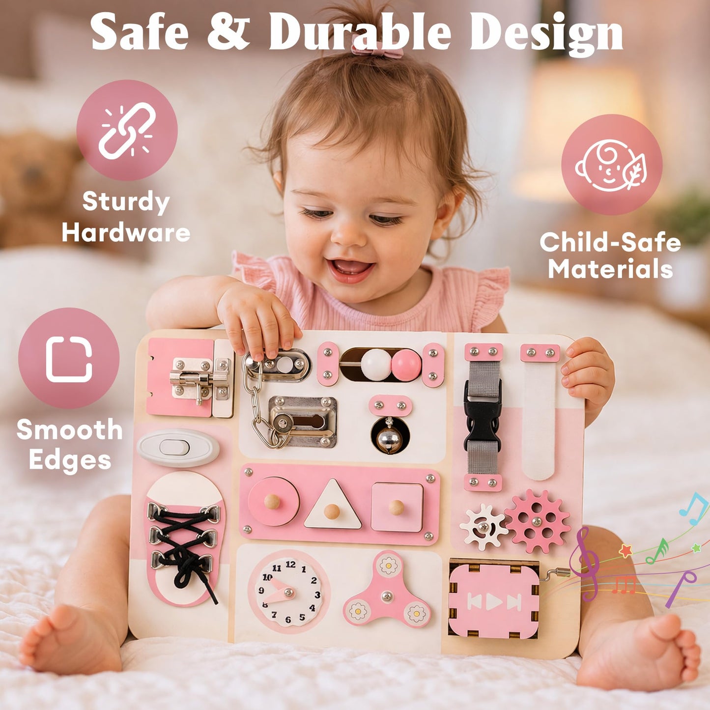 Montessori Busy Board for Baby & Toddlers 1-3 - Wooden Sensory Activity Board with 13 Activities, Real Metal Locks & Latches - Fine Motor Skills Educational Toy for 1 2 3 Year Old - Travel Friendly