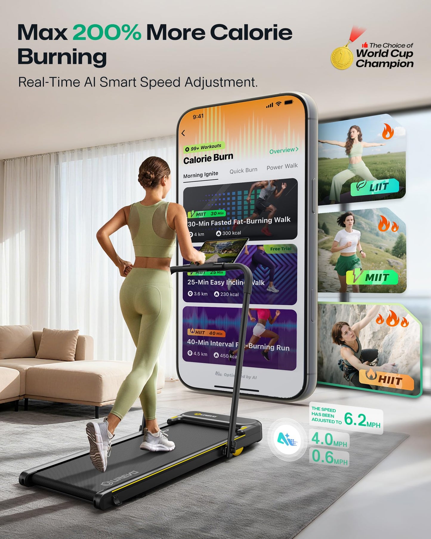 UREVO Smart 2-in-1 Folding Treadmill, Compact Walking Pad with Safety Handle, Plug and Play, Dual LED Display, Workout APP, Walking or Running for Home Office, Remote Included