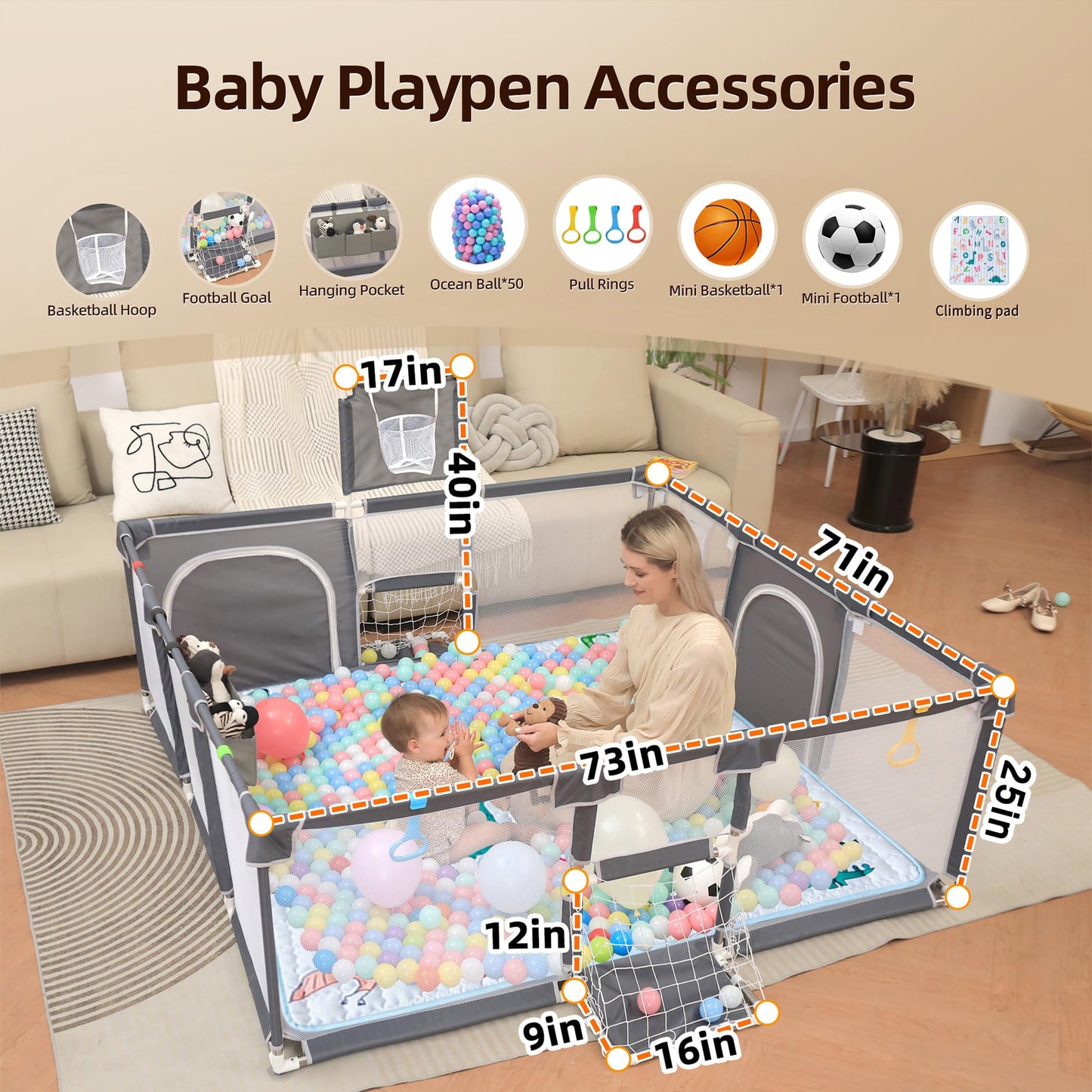 Playpen for Babies and Toddlers,73"x71"Baby Playpen with Mat Indoor＆Outdoor with Breathable Play Pen with Ocean Balls Hanging Pocket Basketball Hoop and Football Goal (Grey with Mat, 73"x71")