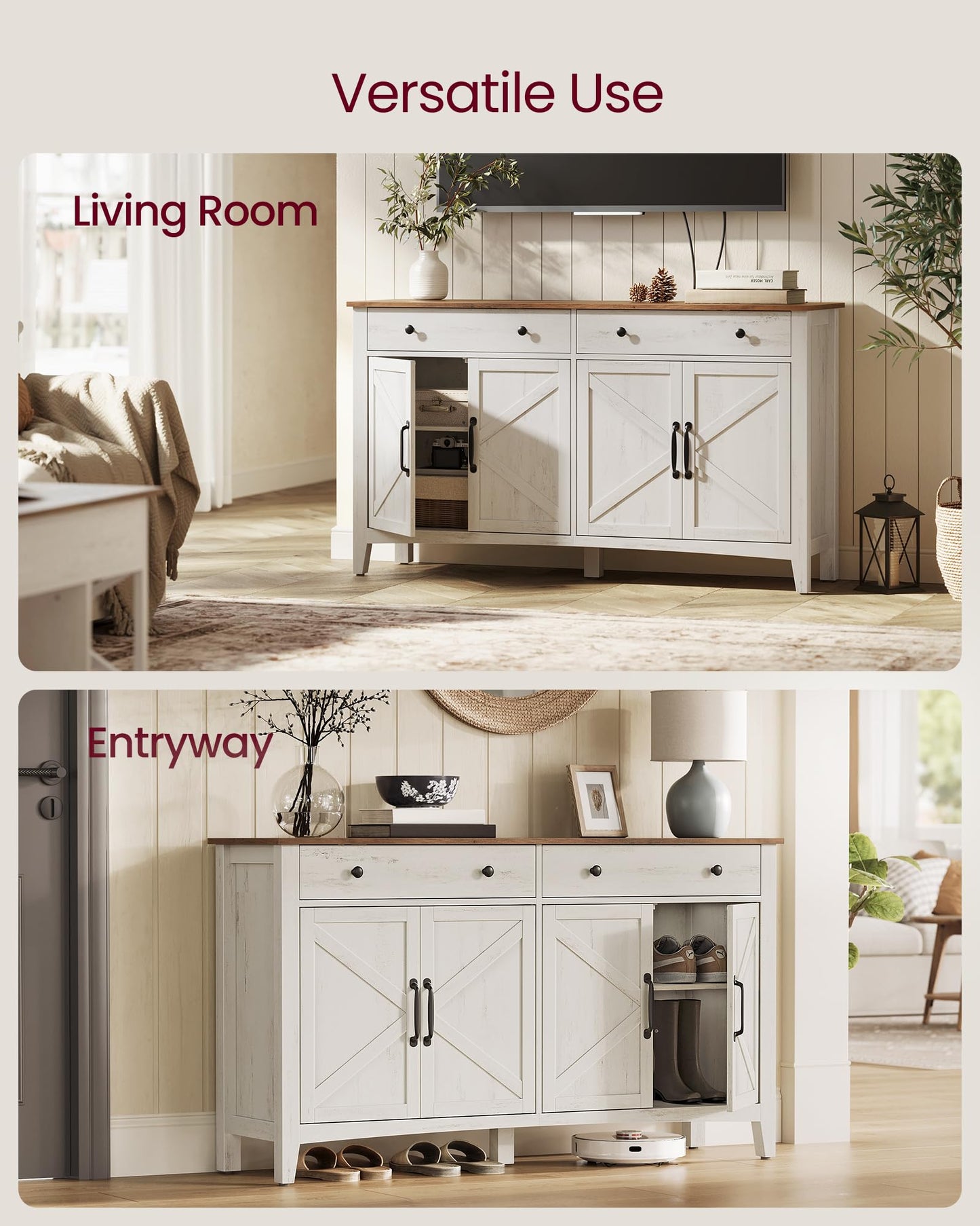 VASAGLE LIRY Collection - Buffet Cabinet, Coffee Bar Cabinet with 2 Drawers, Adjustable Shelves, Sideboard Storage with Cable Holes, Drawer Dividers, Rustic White and Honey Brown UBBK381W01