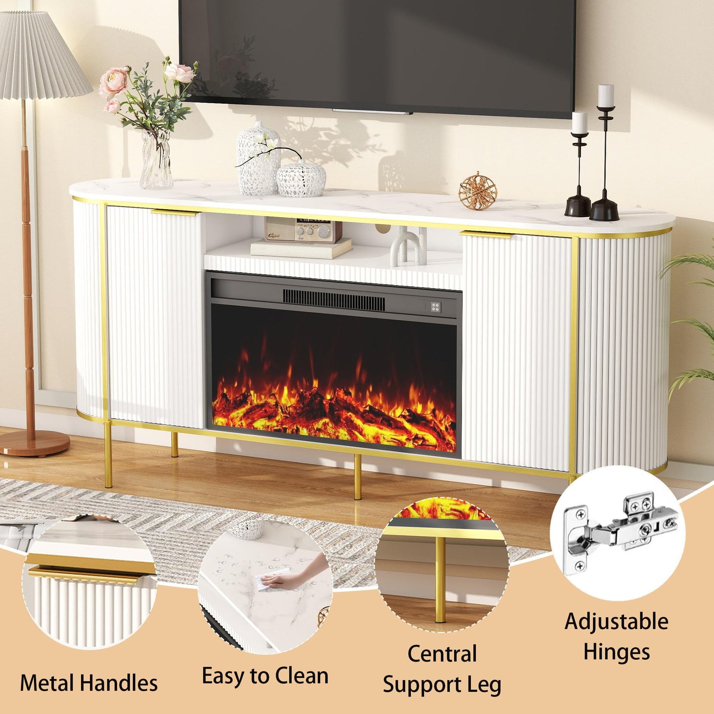 Fluted Fireplace TV Stand: 70" White Entertainment Center with 30" Electric Fireplace, TV Console for 80 inch TVs, Luxury Media Console with Faux Marble Top for Living Room (White)