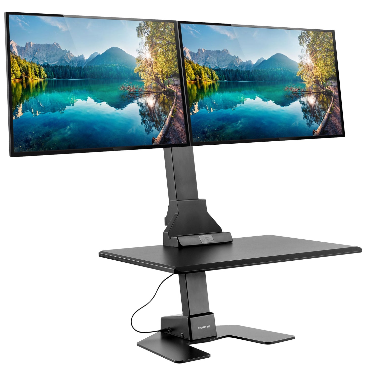 Mount-It! Double Monitor Electric Standing Desk Converter - 2 Screens Stand Up Desk Riser - Height Adjustable Desktop & 2 Mounts for Screens up to 32", Sit-Stand Convertor for Home, Office, School