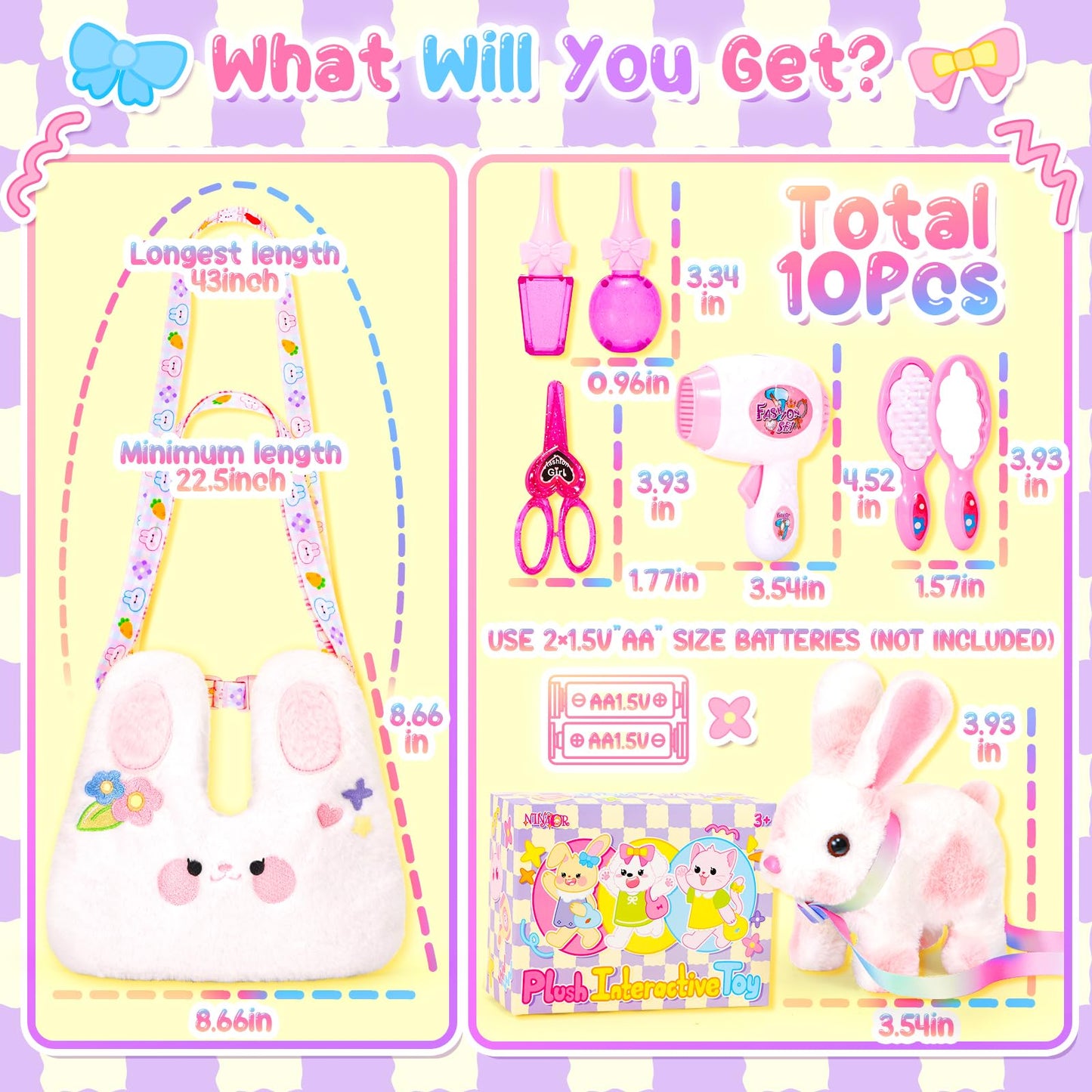 NINAOR Easter Hopping Bunny Toy for Kids with Crossbody Bags, Interactive Wiggle Ears Rabbit Toy for Girls Trip Pretend Play Robot Pet Care Cute Stuff Plushies Birthday Gifts Easter Basket Stuffers