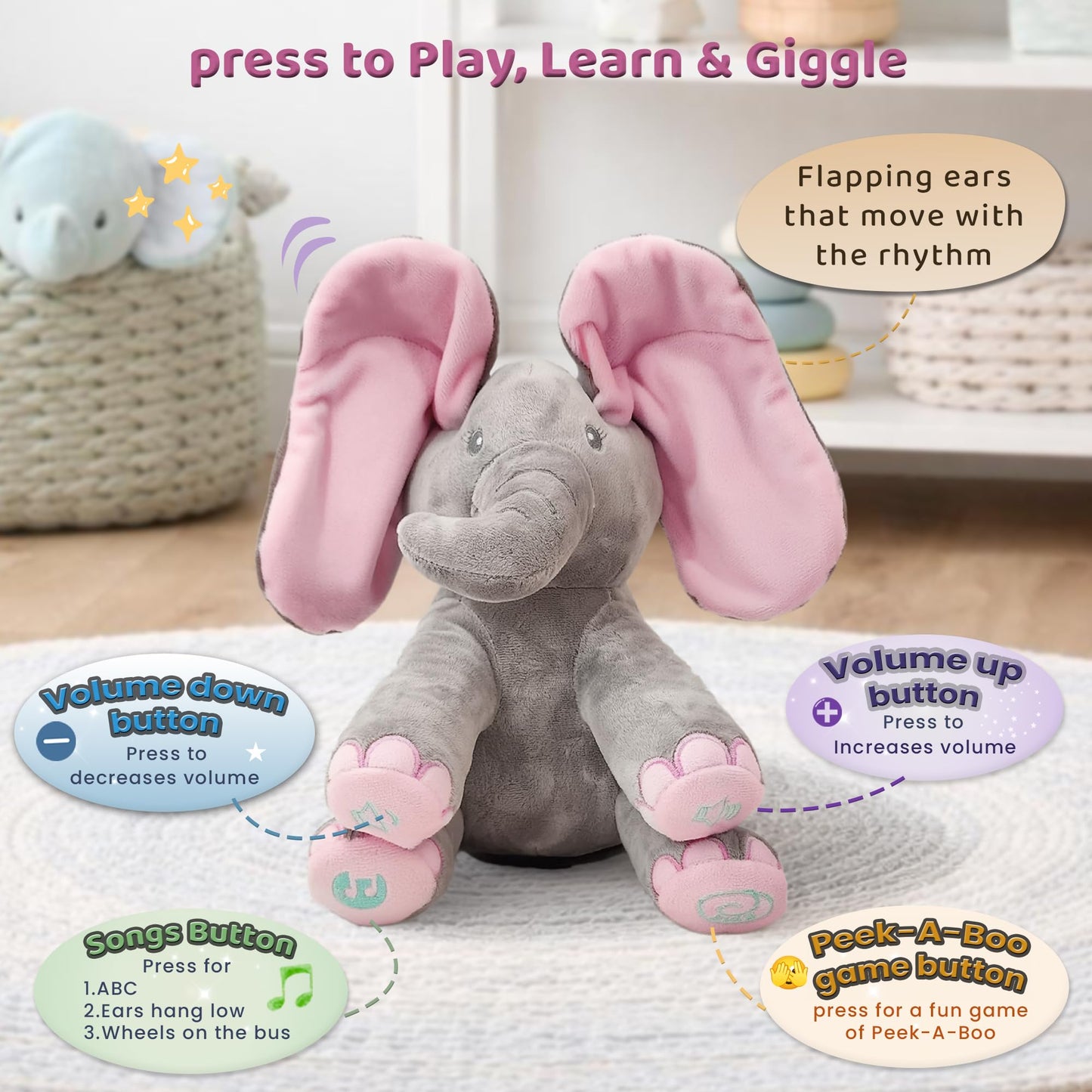 Dimple Kaia Peek A Boo Elephant Toy, Interactive Singing Stuffed Animal Plush with Moving Ears, Musical Stuffed Animal for Babies and Toddlers, Adorable Elephant Baby Toy