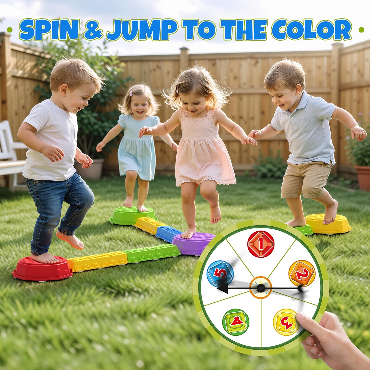Wee Wonders Balance Beam Stepping Stones for Kids, Non-Slip Sensory Obstacle Course Toys for Toddlers, Stackable Balance Stones with Game Spinner & 30 Card, Indoor Outdoor Gifts for Boys Girls 3-5