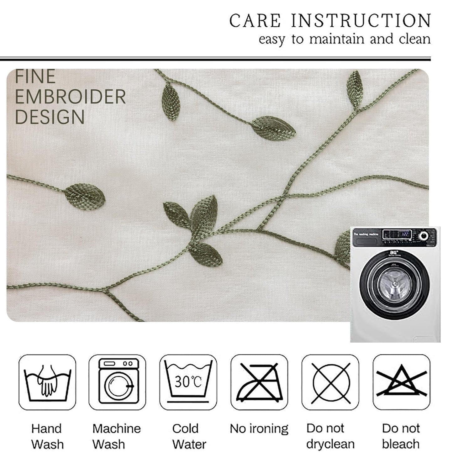 AmHoo 2 Panels Embroidered Leaf Pattern Semi Sheer Curtains Foliage Floral Voile Window Draperies Treatment for Bedroom Living Room Rod Pocket White Sage Green 53 x 84 Inch