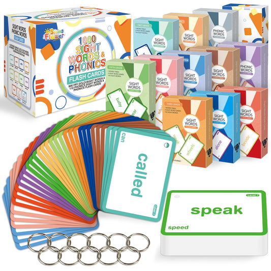 Springflower 1012 Sight Words Flash Card,900 Dolch & Fry High Frequency Sight Word,112 Phonic Flash Cards for Kindergarten Homeschool Supplies Games for Kids Pre-K, Kindergarten, 1st, 2nd, 3rd Grade