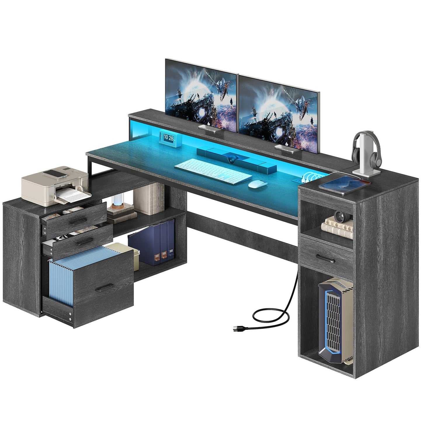 YITAHOME L Shaped Desk with Drawers, 59" Corner Computer Desk with Power Outlets & LED Lights, Farmhouse Wood L-Shaped Desk with File Cabinet, Printer Stand, Host Stand for Home Office, Grey