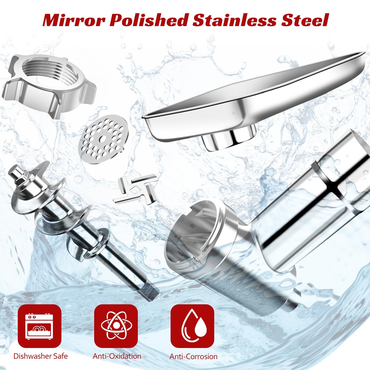 100% Polished Stainless Steel Meat Grinder Attachment for KitchenAid Mixer, Dishwasher Safe, Uncoated Meat Grinder Attachment Anti-Oxidation, Seamless Sausage Stuffer, Thickening Grinding Plate, 18PCS