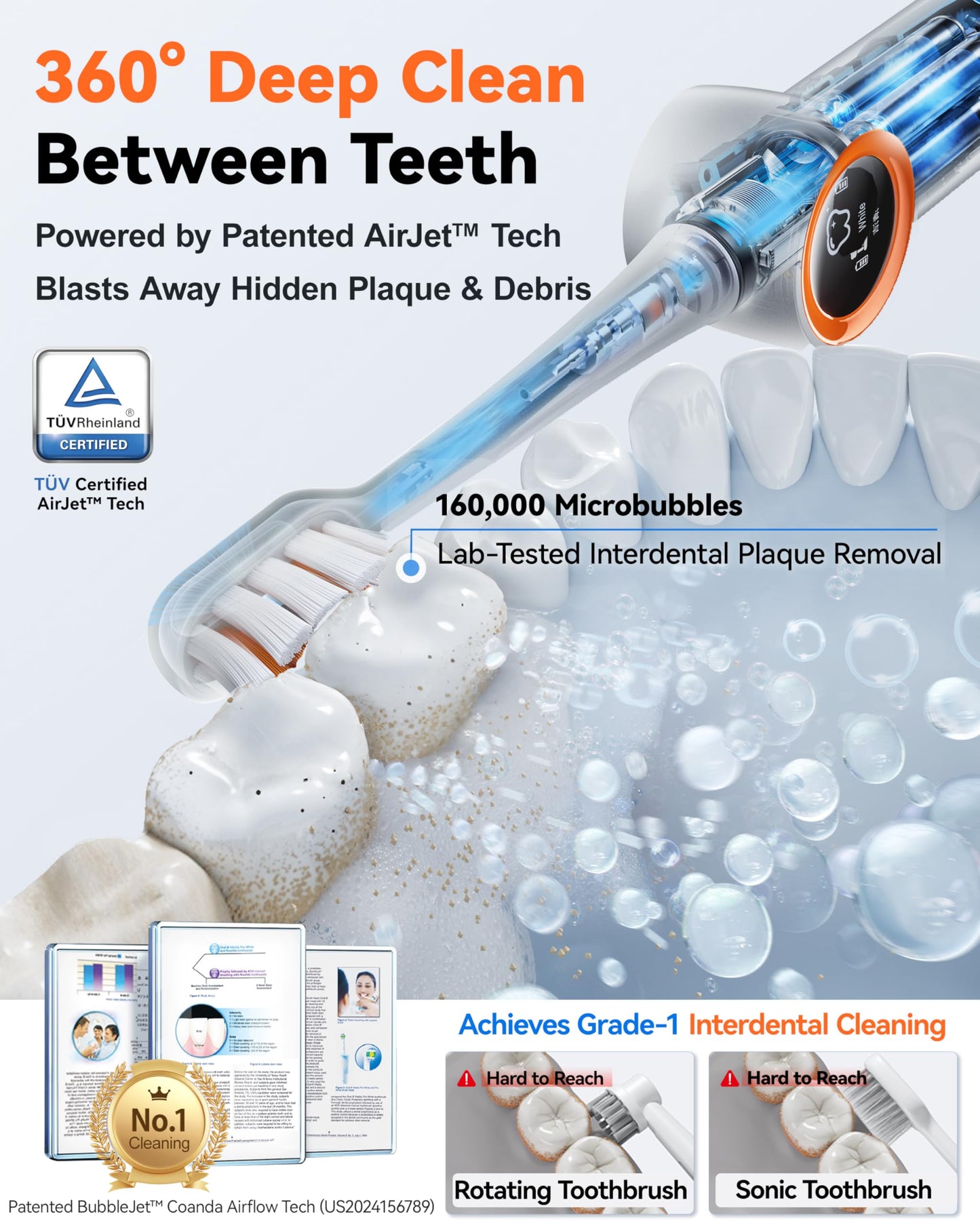 RANVOO AirJet X3 [AI Max Jet Clean] [Flossing & Sonic Brushing 2-in-1] Electric Toothbrush for Adults, 100% Plaque Removal, Whitening, 60-Day Battery, Soft & Gum Care, for Sensitive Teeth/Braces Gray