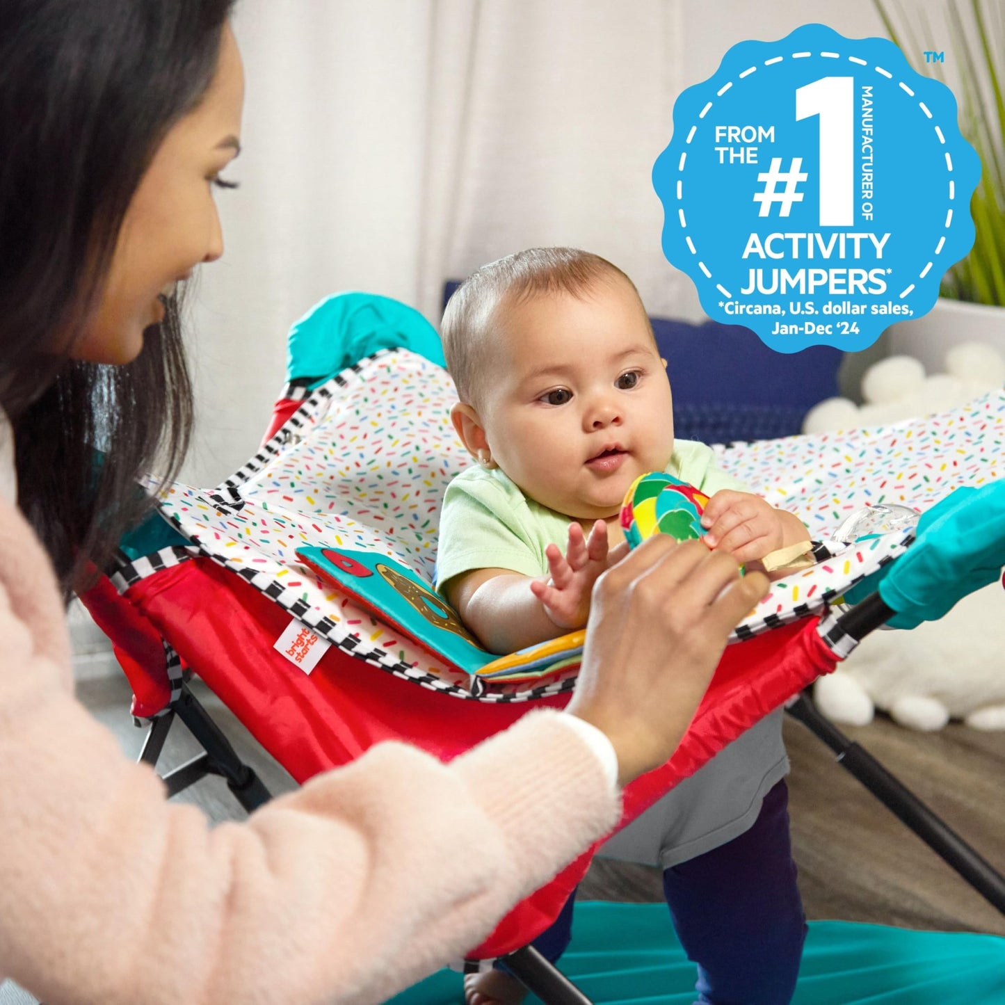 Bright Starts Pop 'N Jump Portable Baby Jumper, Foldable Indoor/Outdoor Baby Jumper with Sweet Treats with Sensory Activities, Ages 6–12 Months