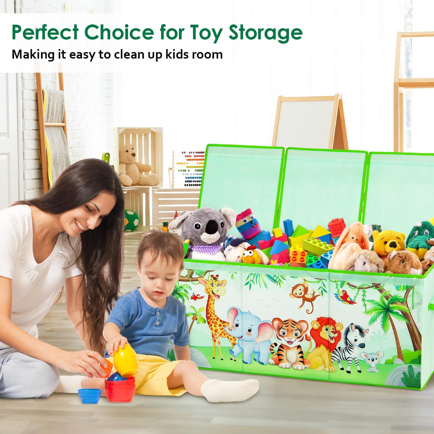 Large Toy Box Chest Organizer with Flip Lid for Kids, Collapsible Oxford Toy Storage Box with Handles for Boys Girls, Sturdy Waterproof Storage Organizer for Bedroom Playroom Nursery, 37.7×12.5×15.7''